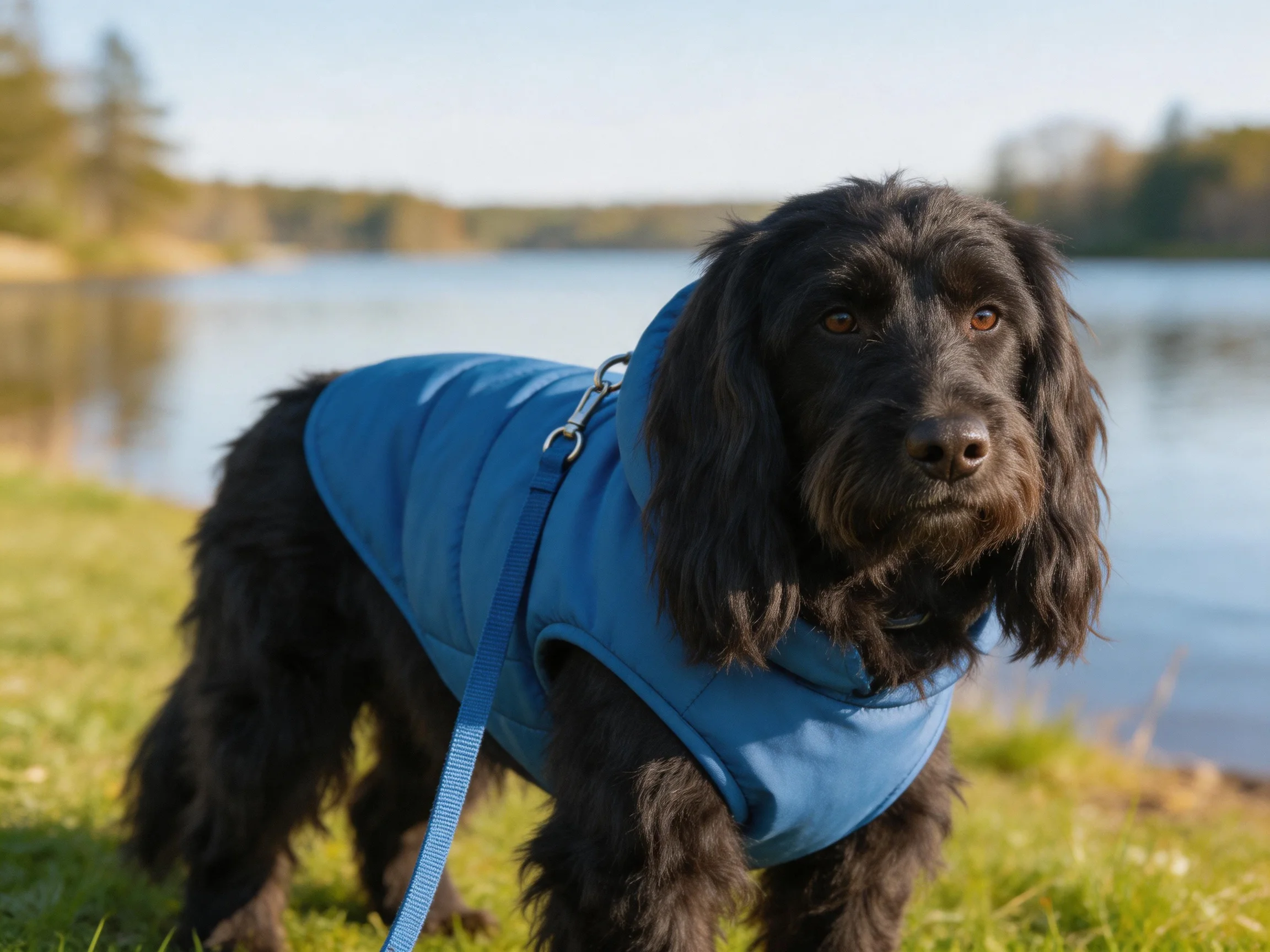 A black dog wearing a blue coat stands near a calm body of water.