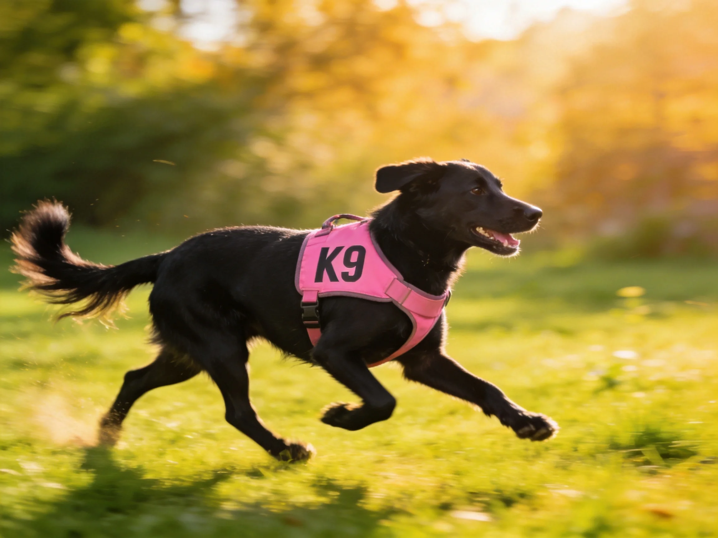 A black dog in a pink K9 vest runs energetically on grass.