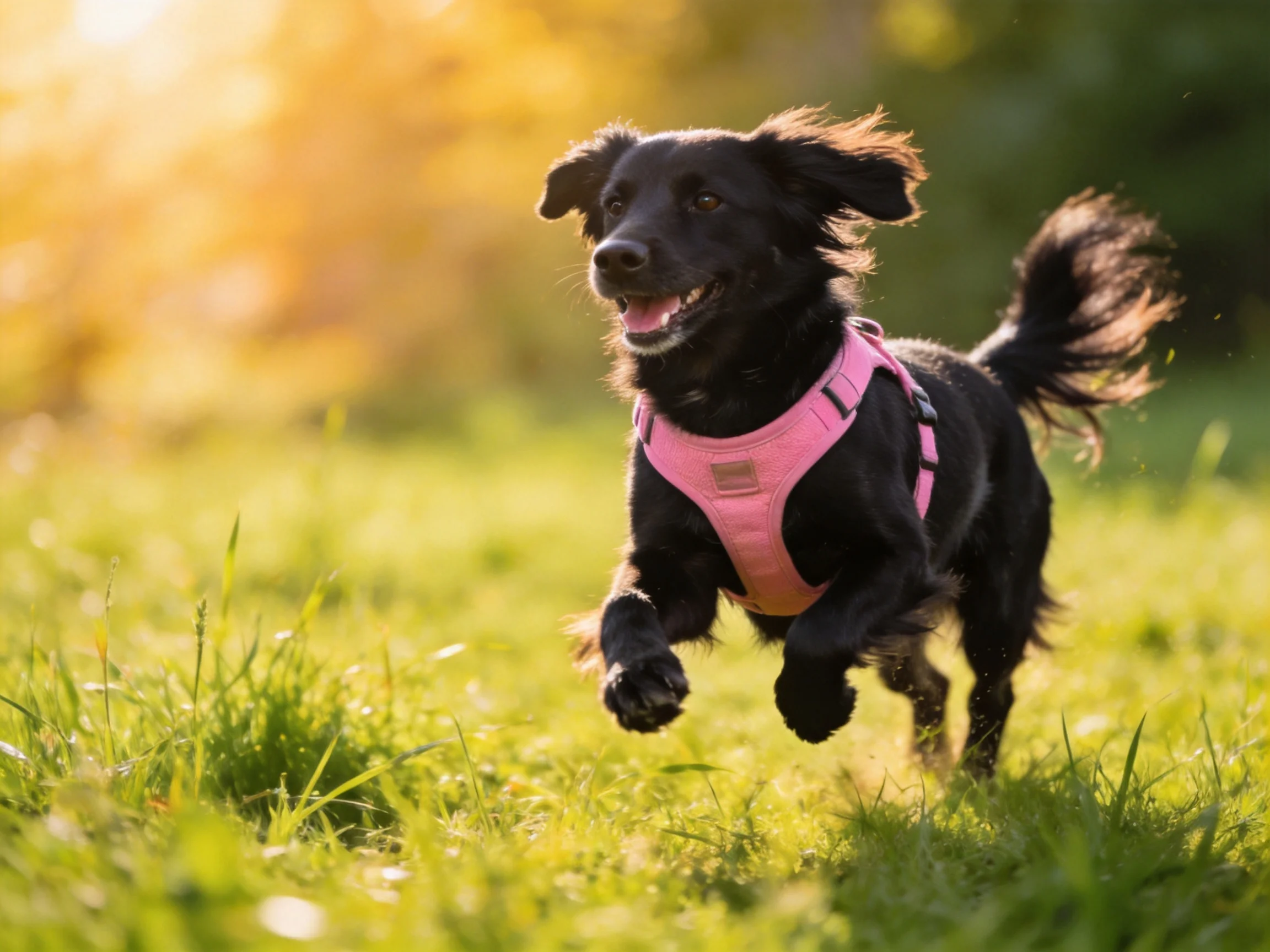 A black dog in a pink harness runs through sunlit grass