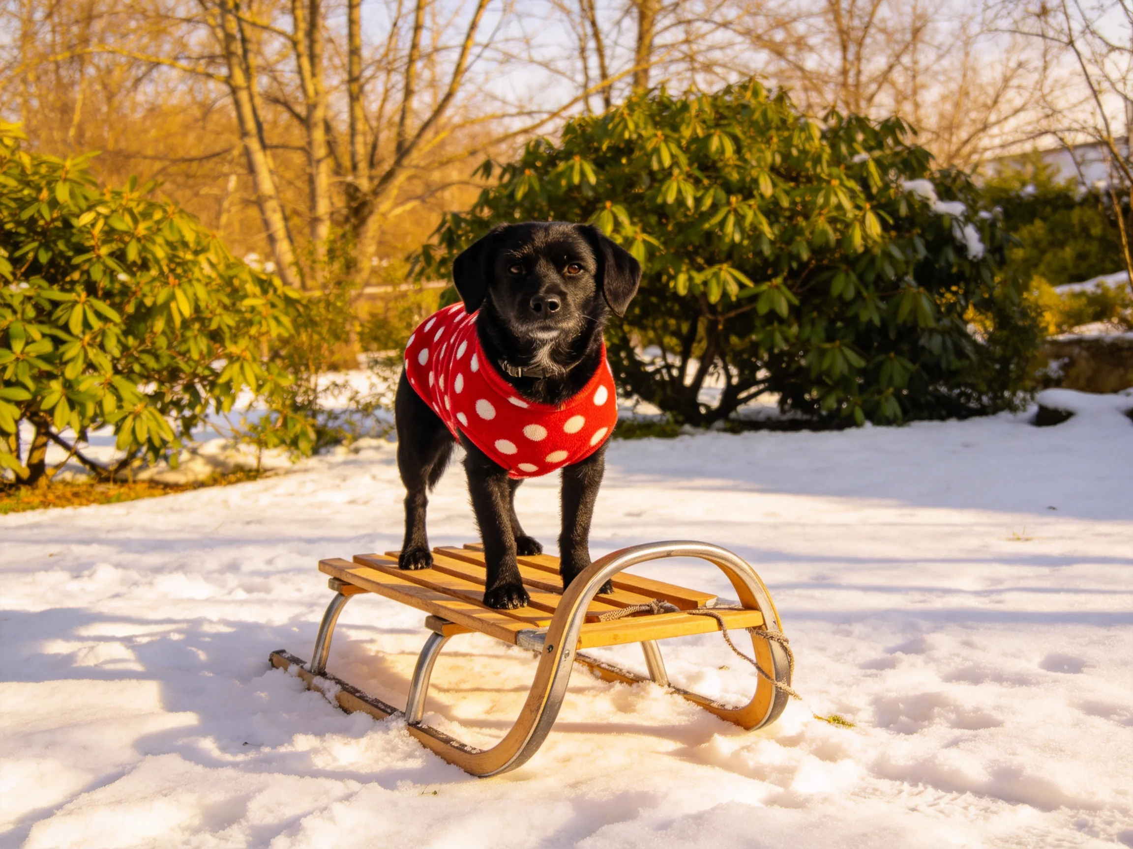 A black dog in a red polka - dotted sweater stands on a wooden sled in a snowy landscape