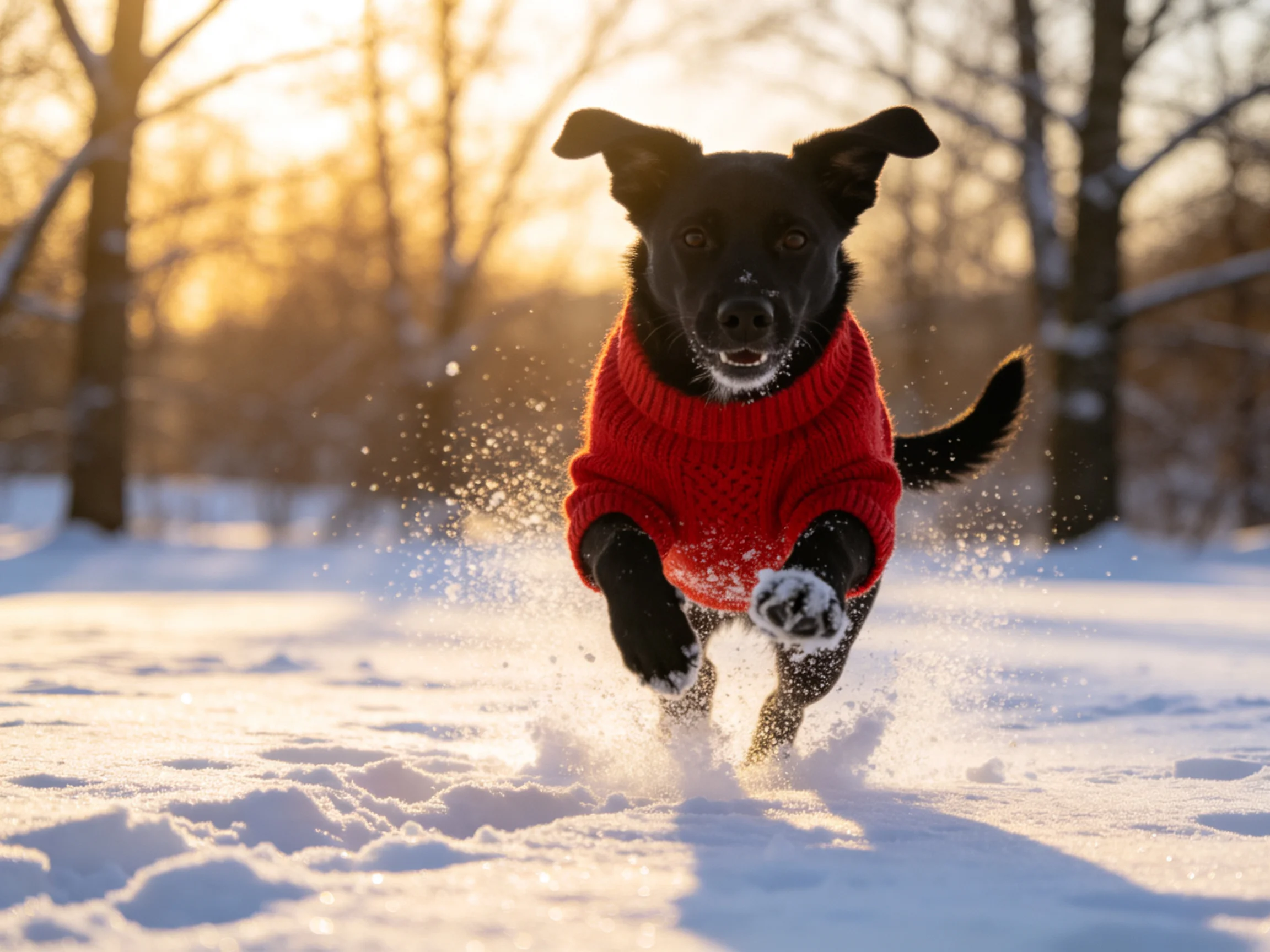 A black dog in a red sweater runs through snow
