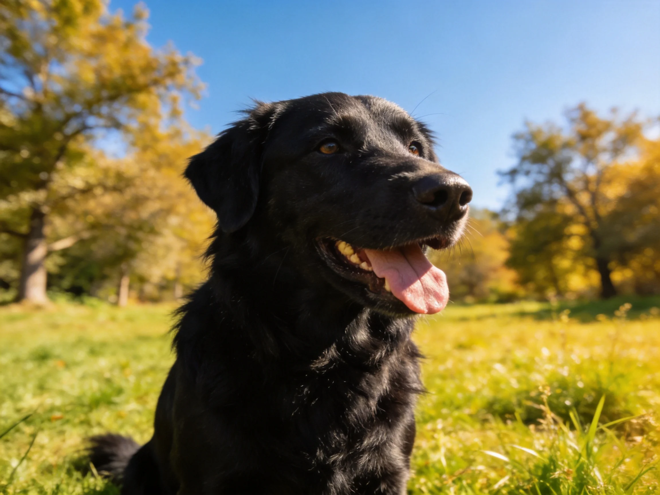 A black dog relaxes in a sunlit grassy field with trees.