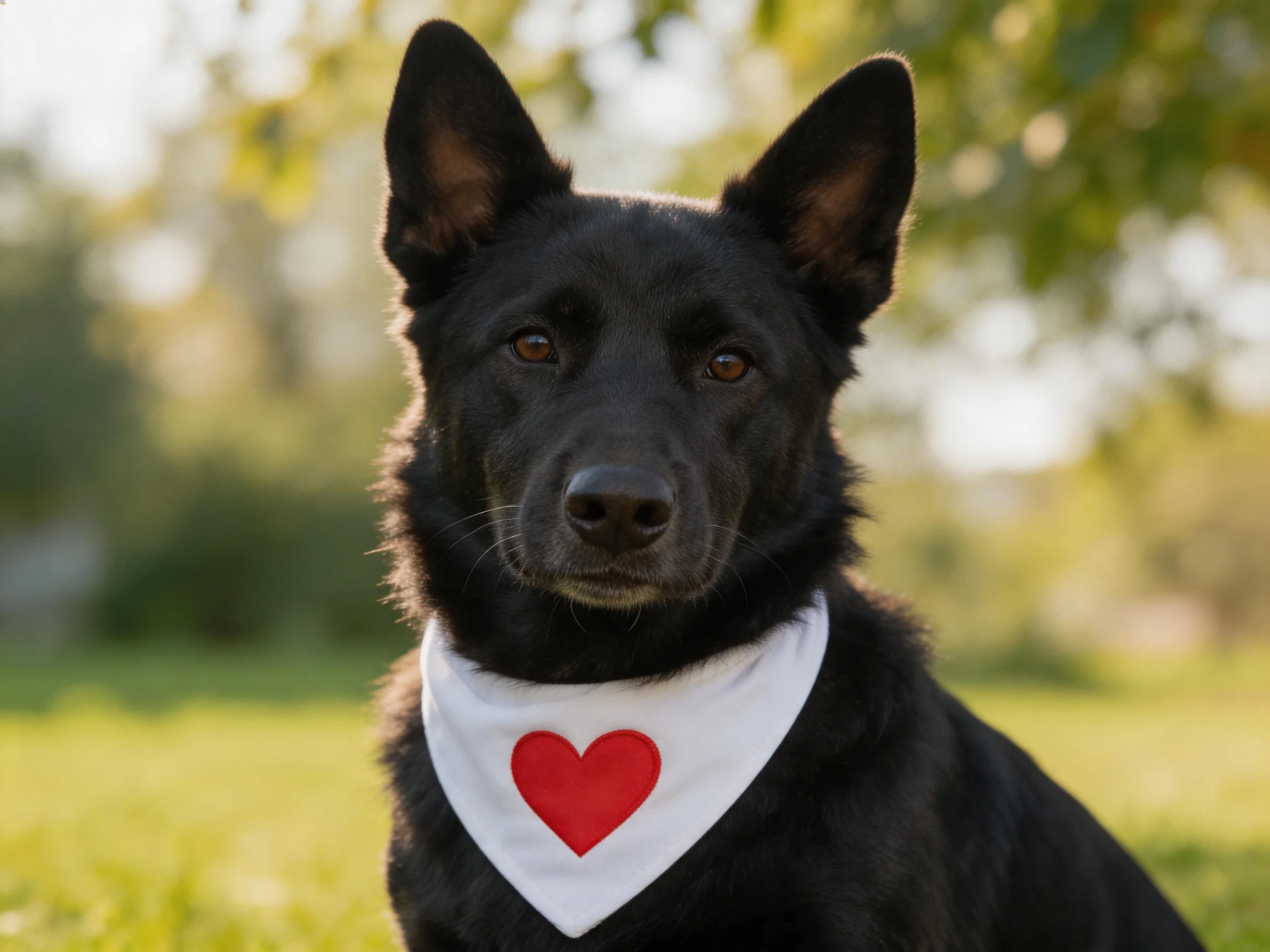 A black dog in a sunny park wears a white bandana with a red heart