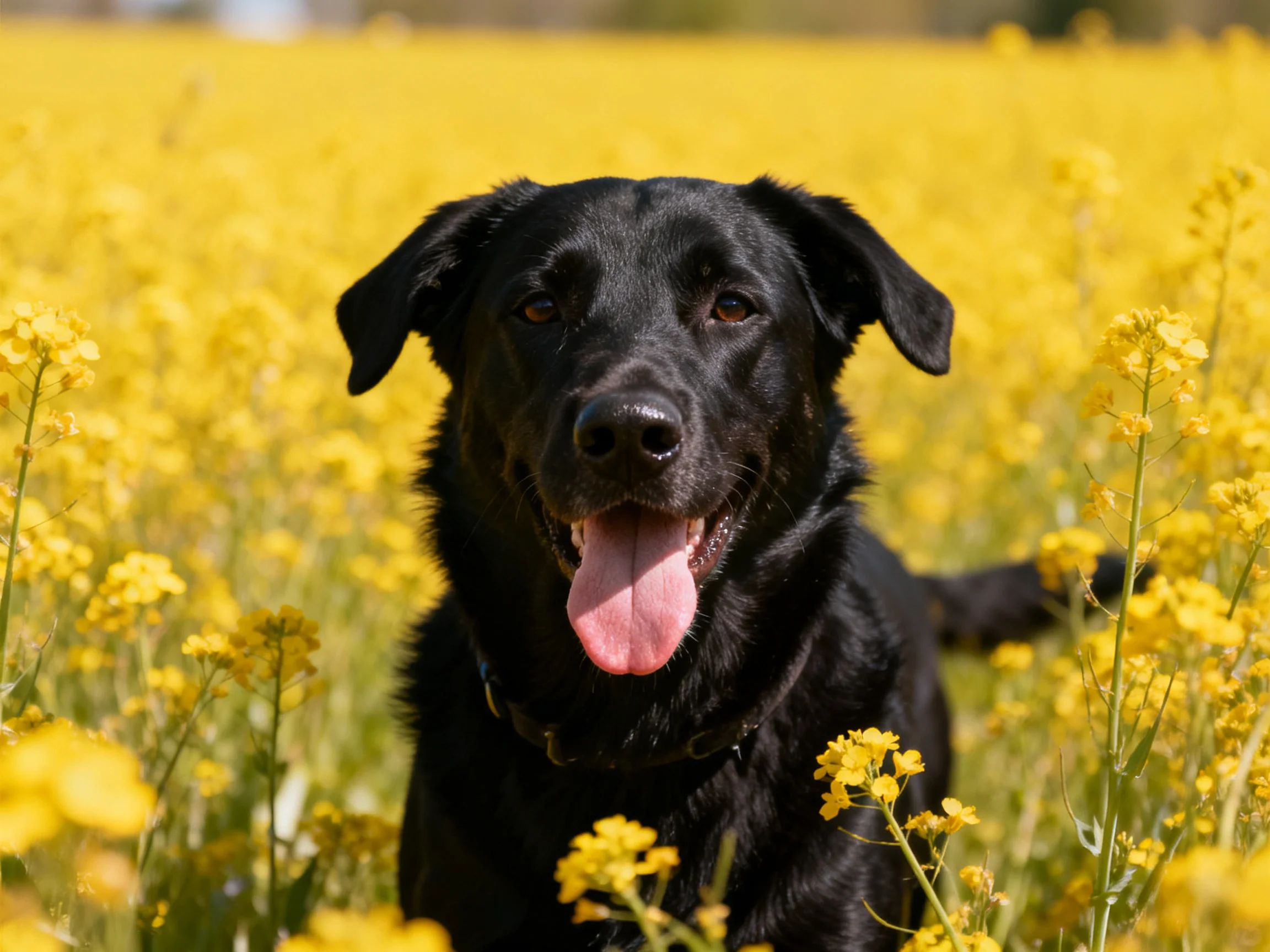 A black dog relaxes in a sunlit field of yellow flowers.