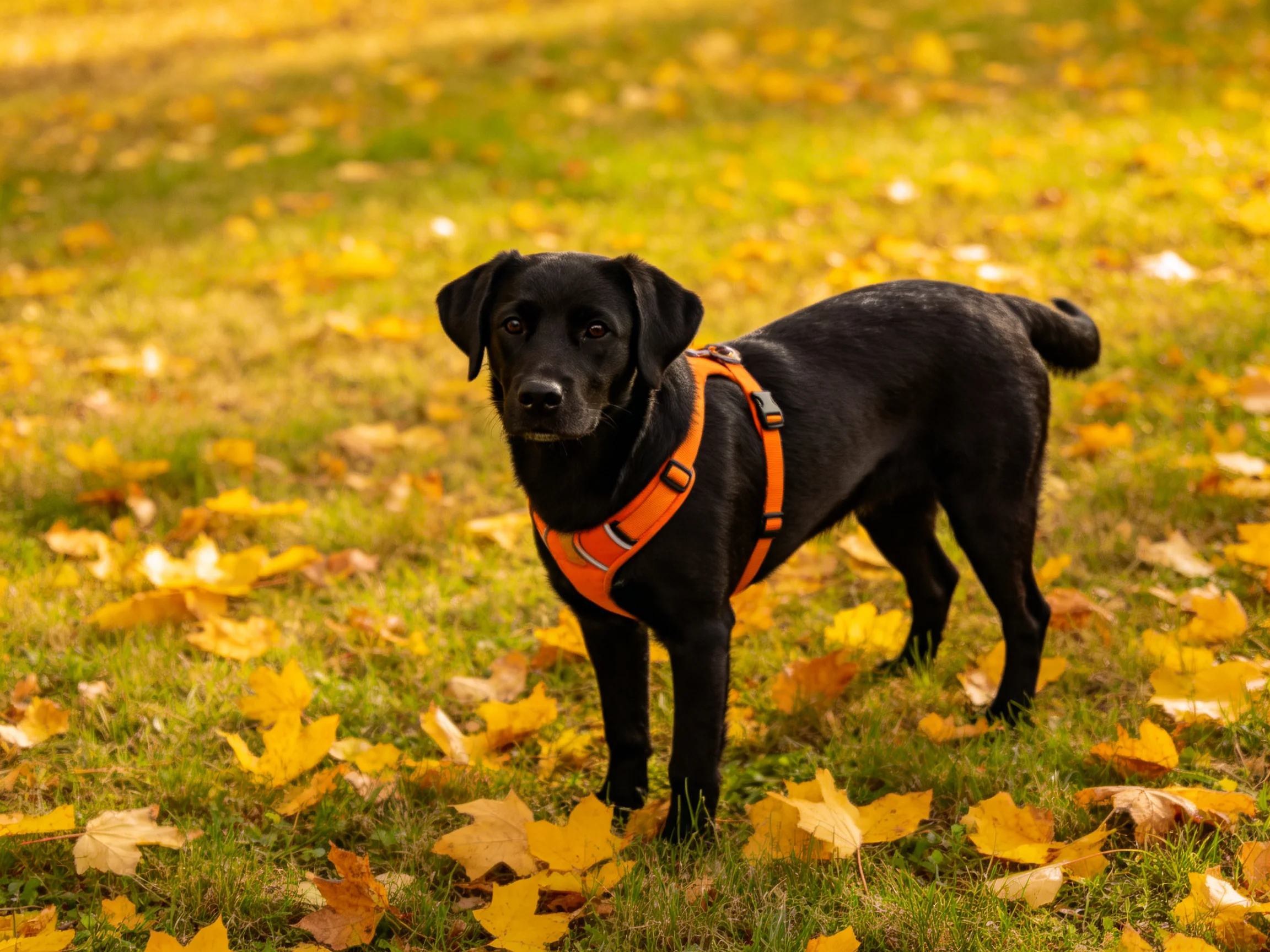 A black dog in an orange harness amid golden autumn leaves