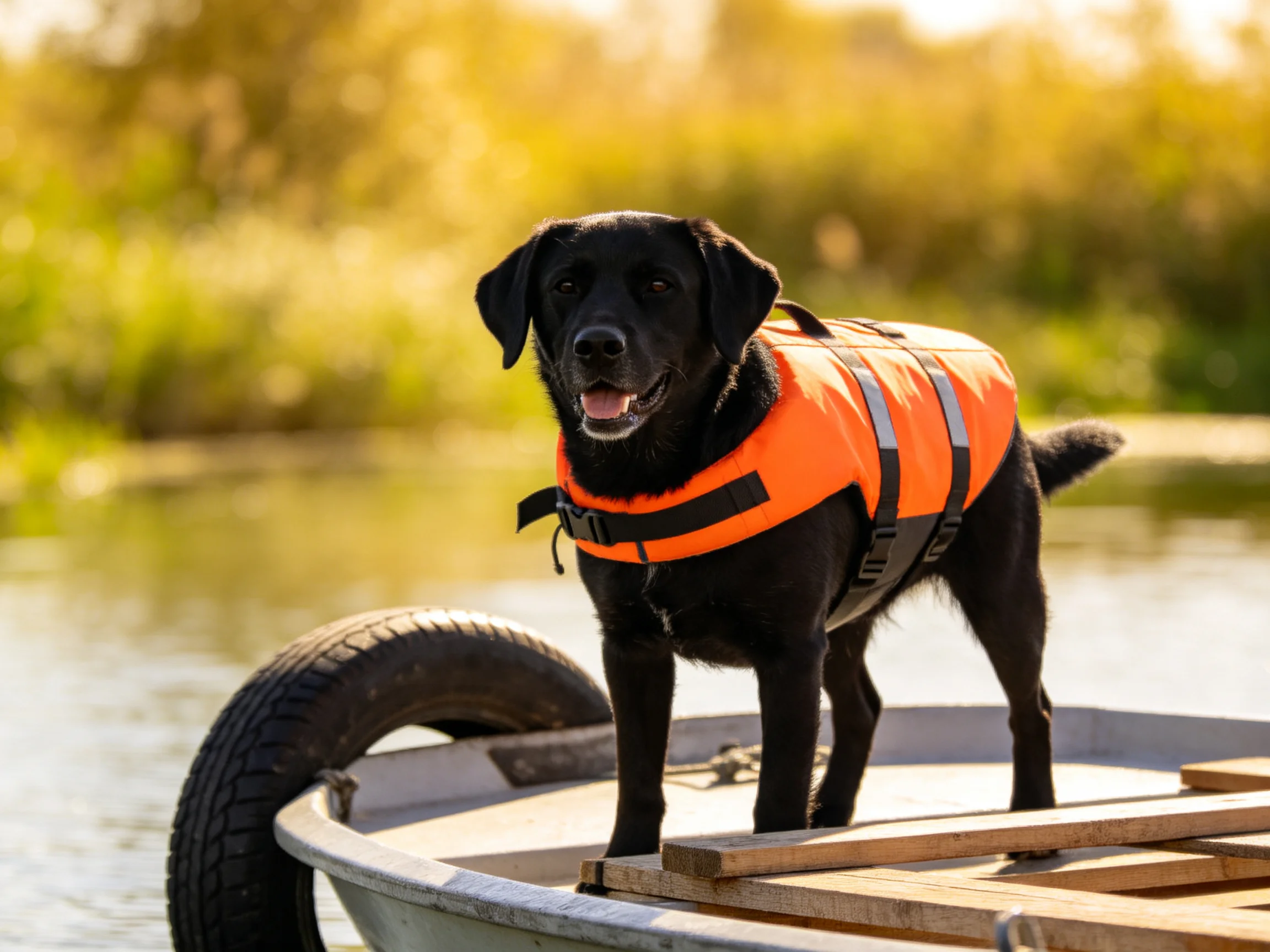 A black dog in an orange life jacket stands on a small boat