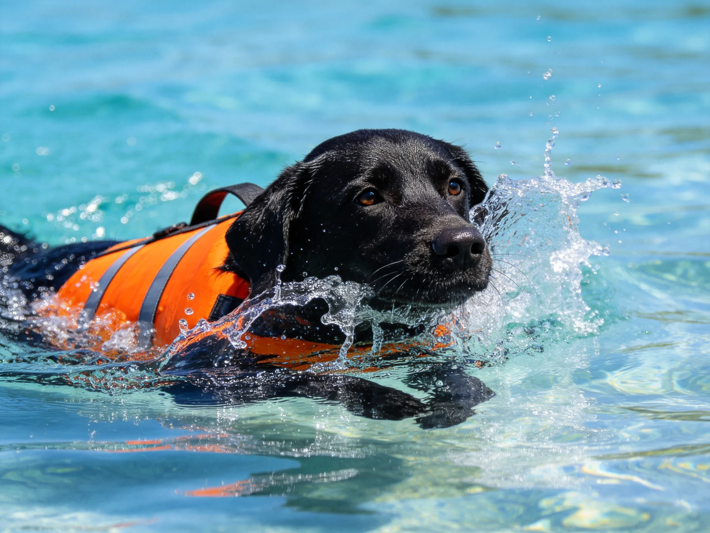 A black dog in an orange life vest swims through clear blue water