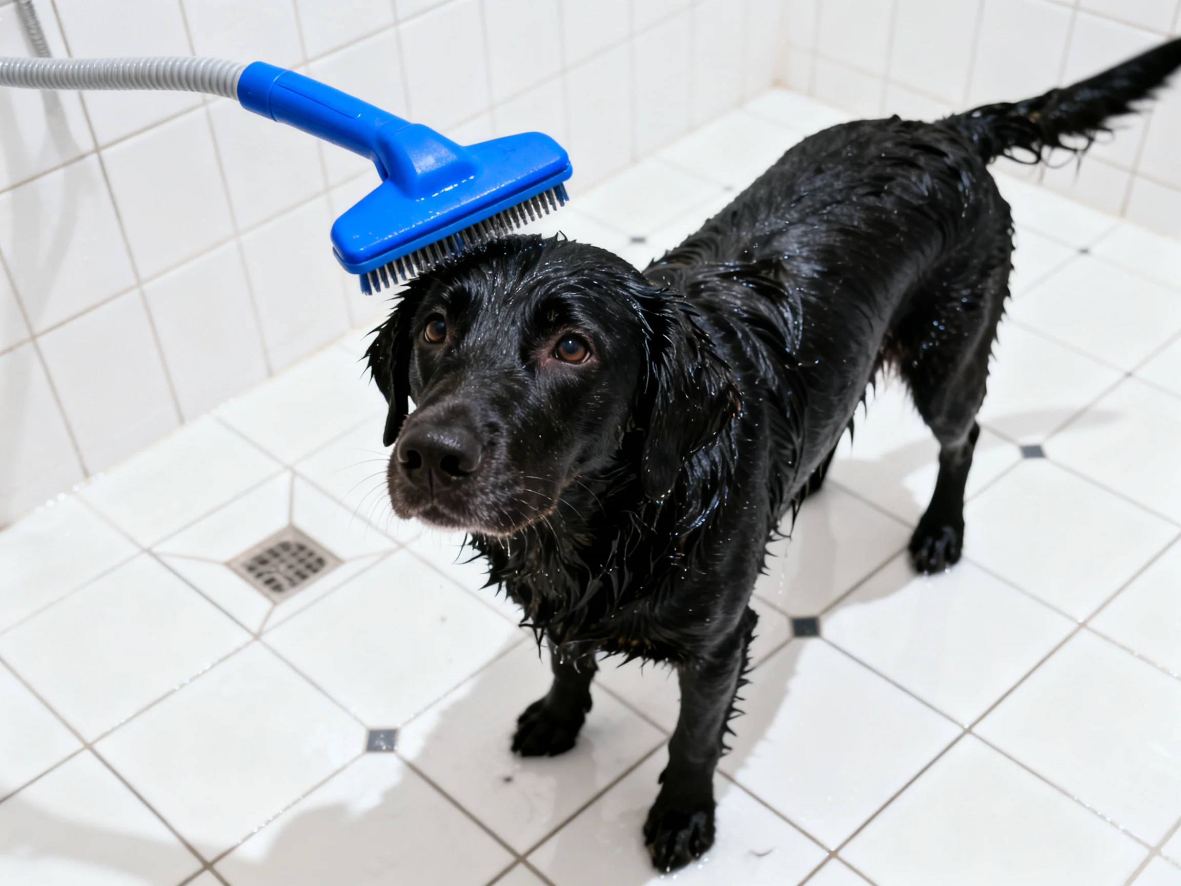 A black dog is bathed with a blue brush in a tiled bathroom