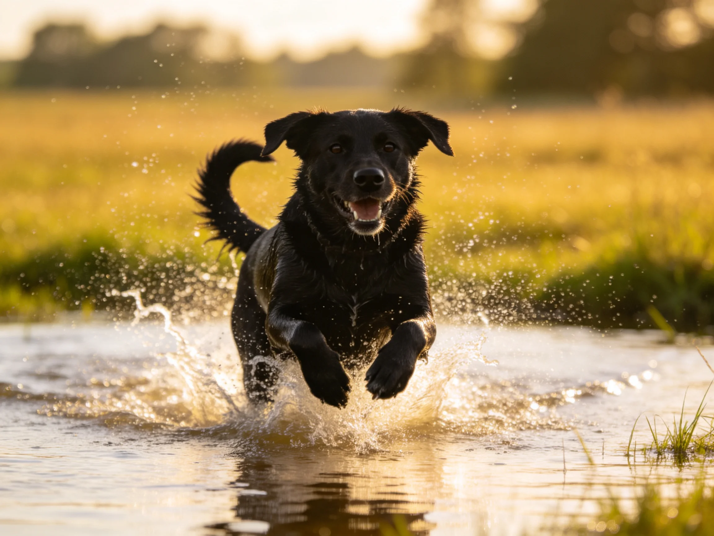 A black dog joyfully leaping through shallow water in golden light