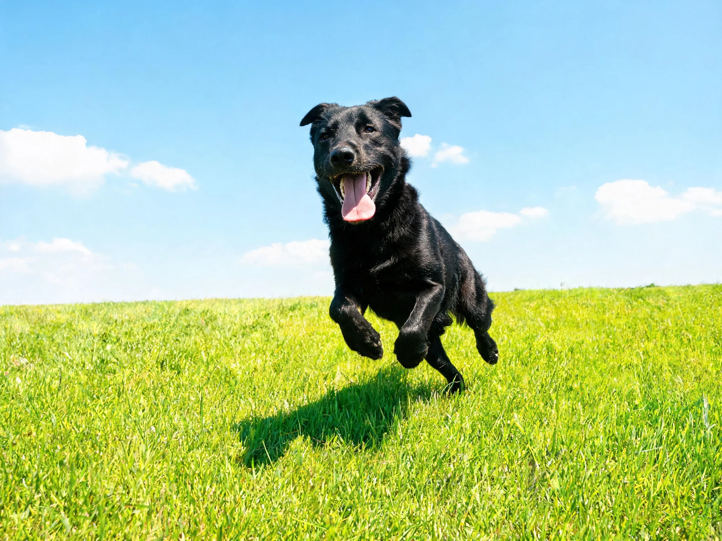 A black dog runs happily across a lush green field beneath a clear blue sky.
