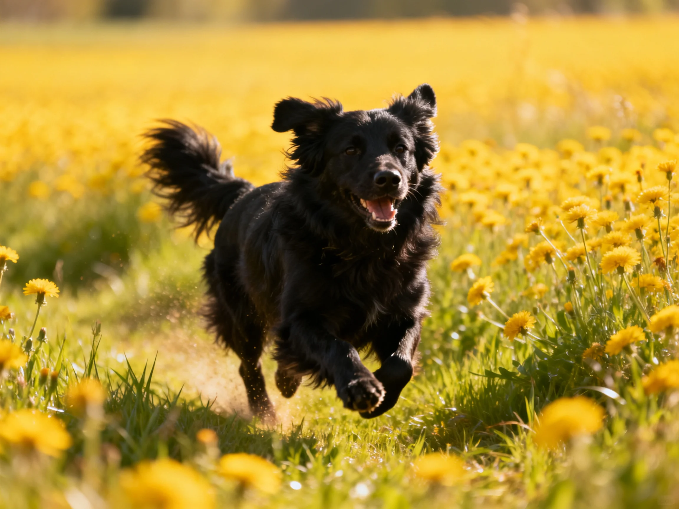 A black dog joyfully running through a field of yellow dandelions