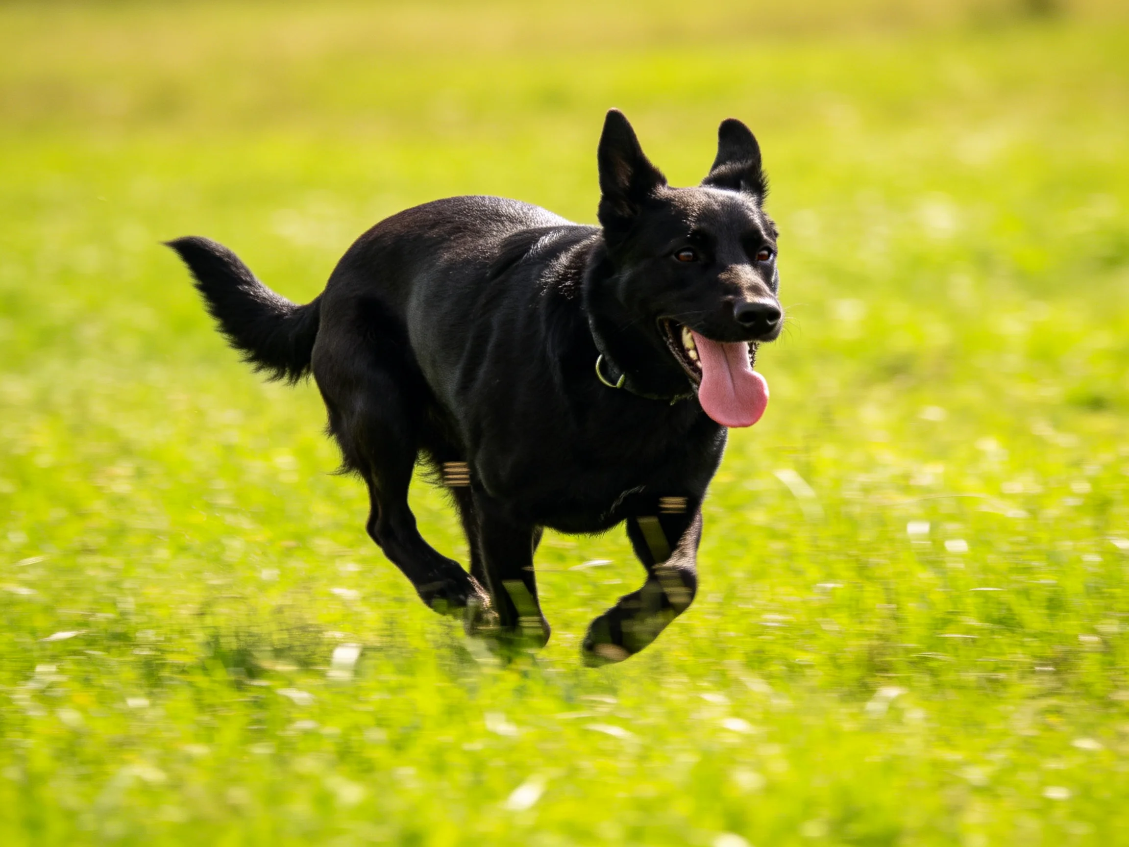 A black dog joyfully running through a lush green meadow