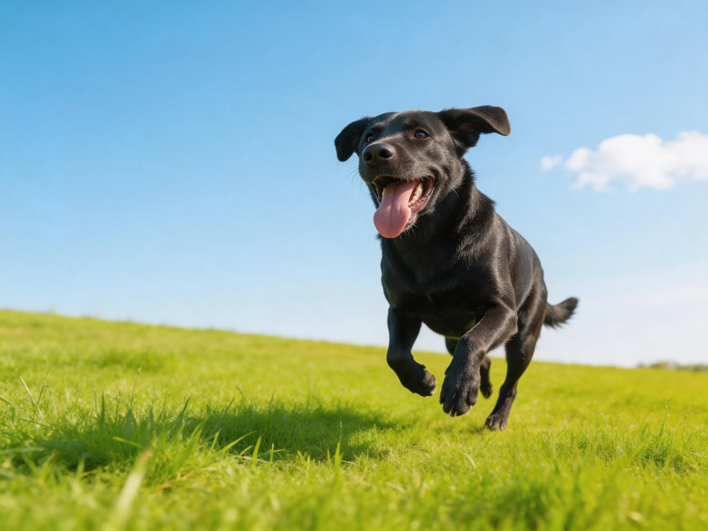 A black dog joyfully runs across a bright green meadow under clear blue sky