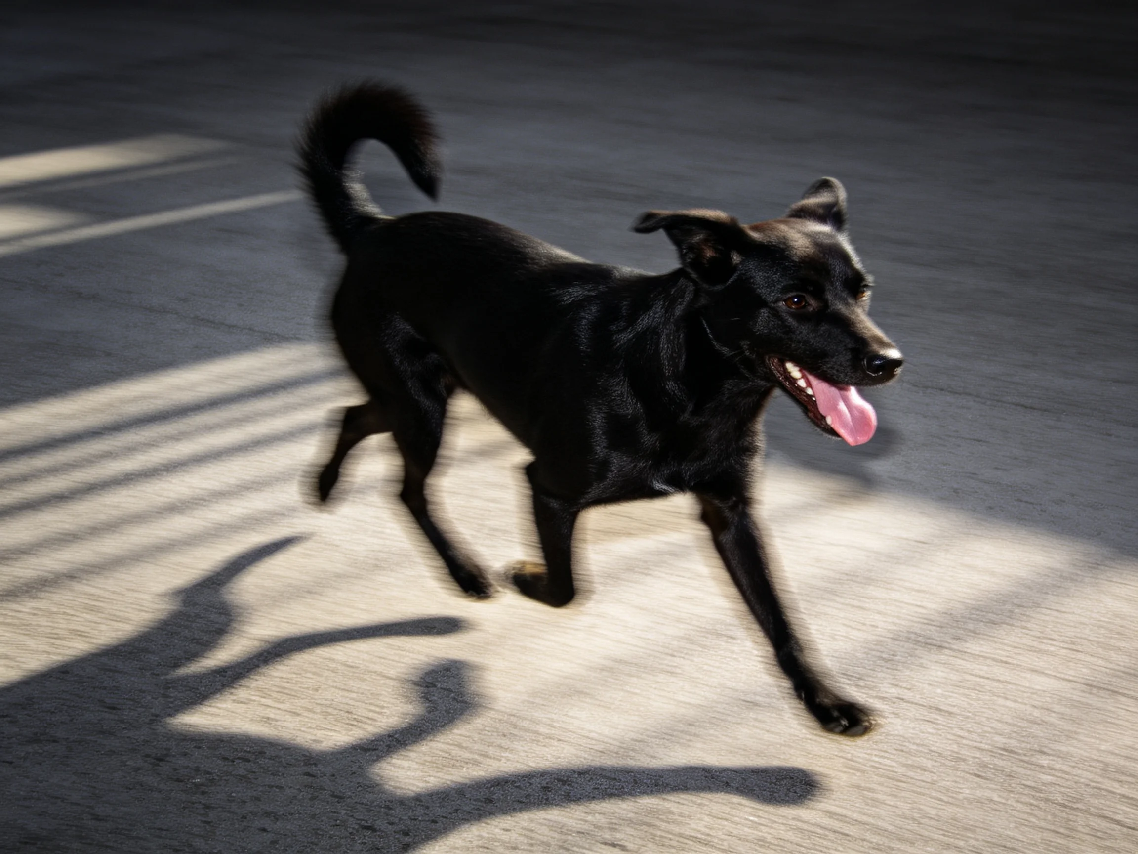A black dog joyfully runs on a sunlit paved surface