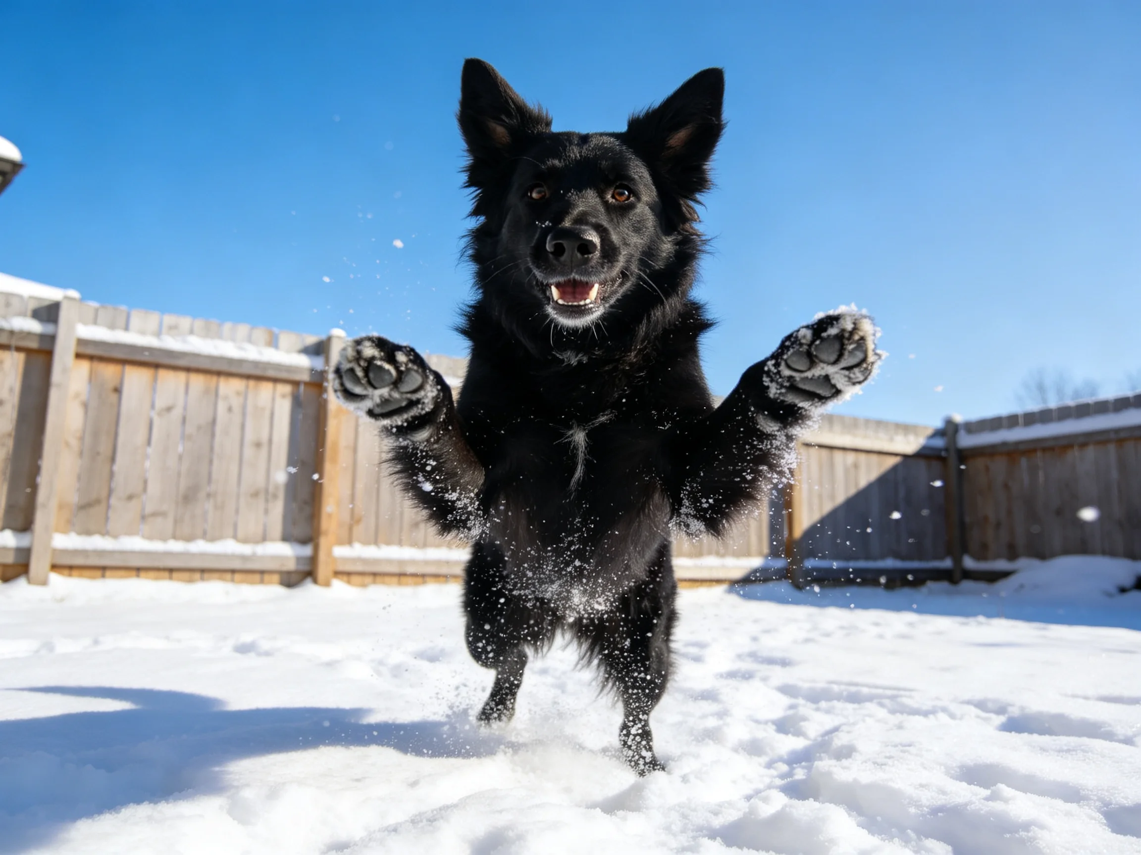A black dog jumps energetically in a snowy backyard.