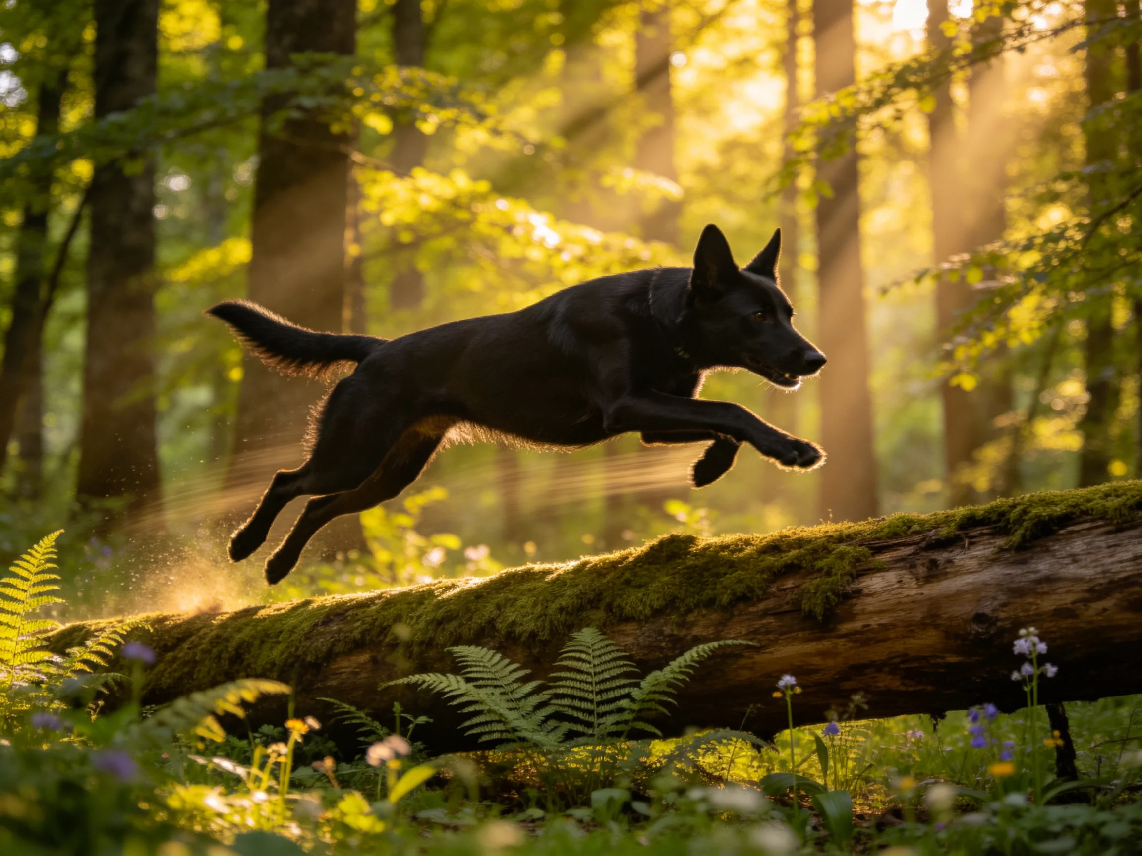 A black dog leaps over a moss-covered fallen tree in golden sunlight