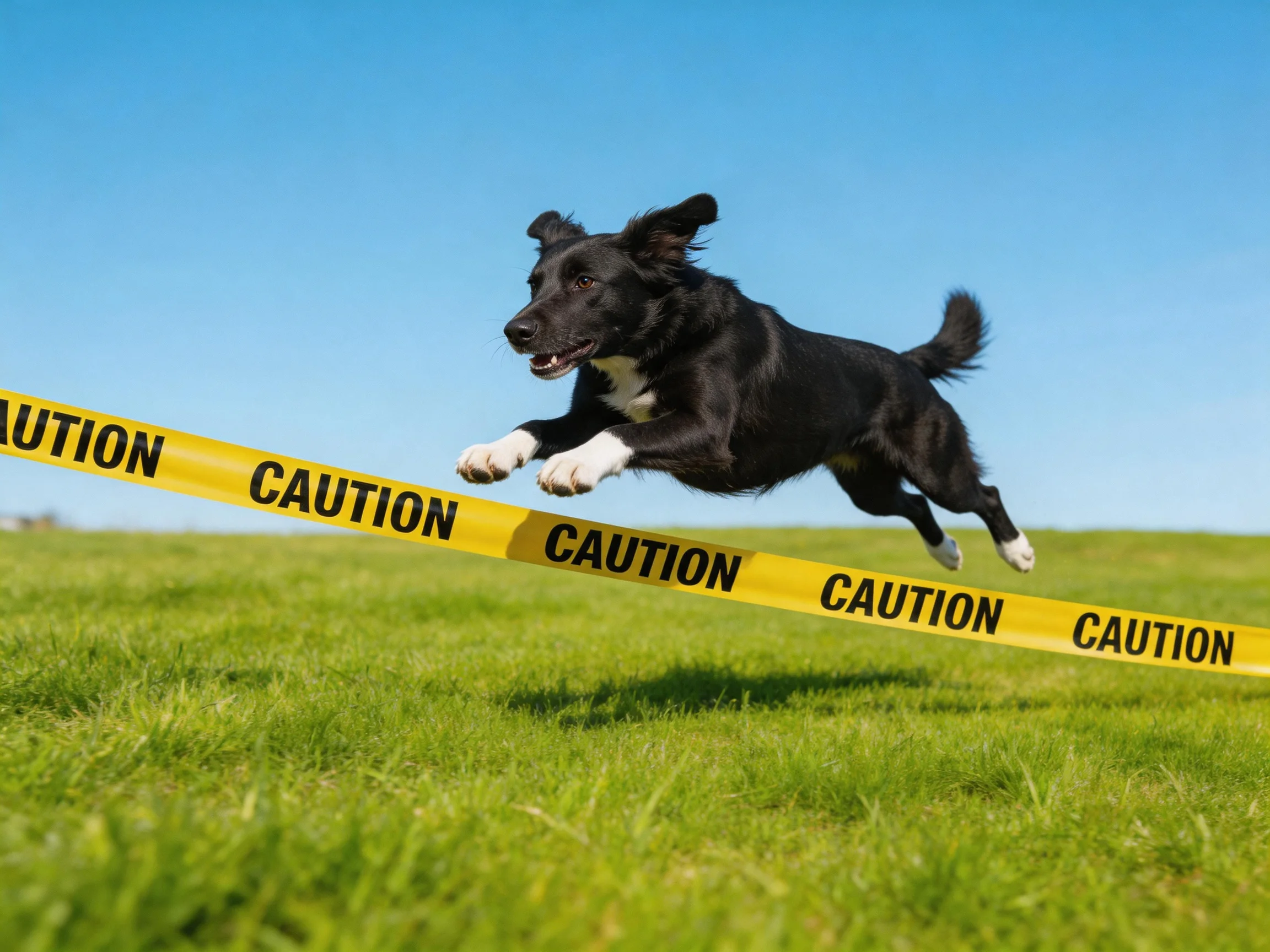 A black dog leaps over yellow caution tape on a grassy field