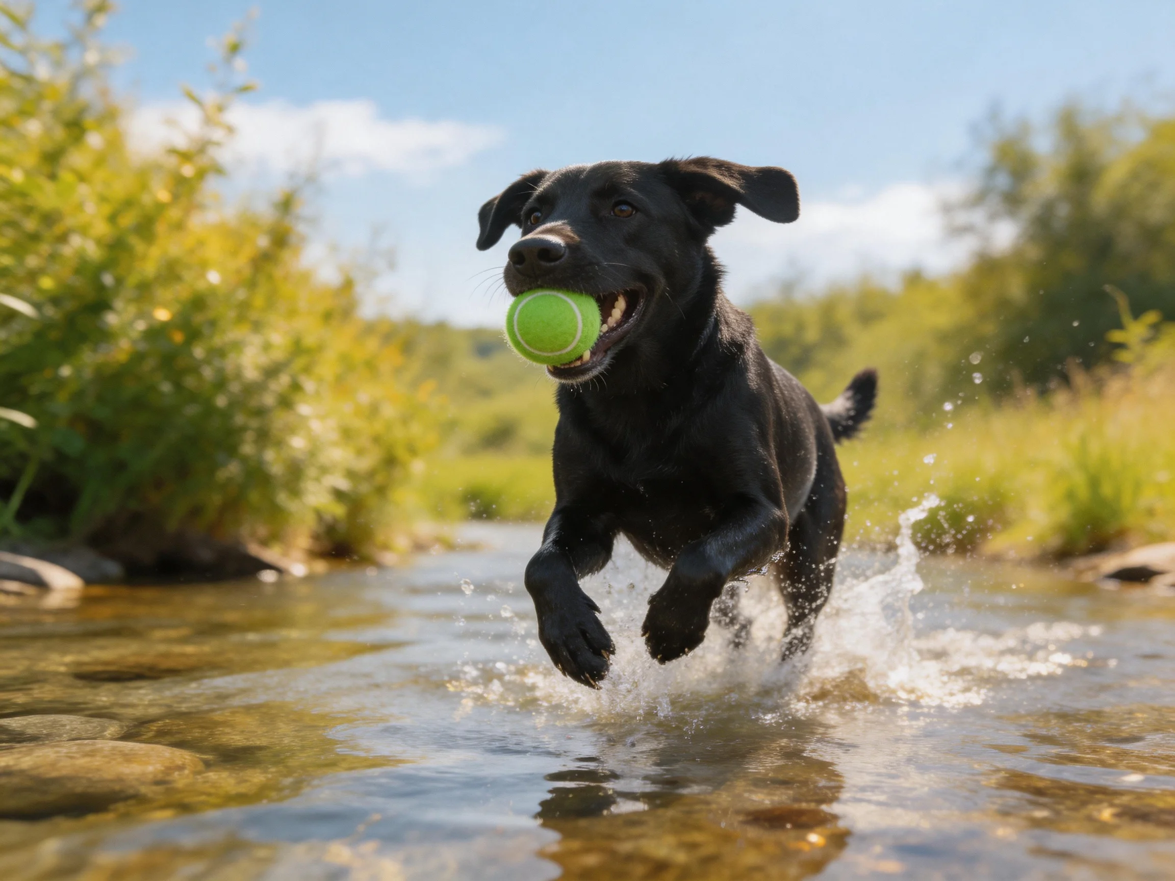 A black dog runs through a shallow stream carrying a green tennis ball