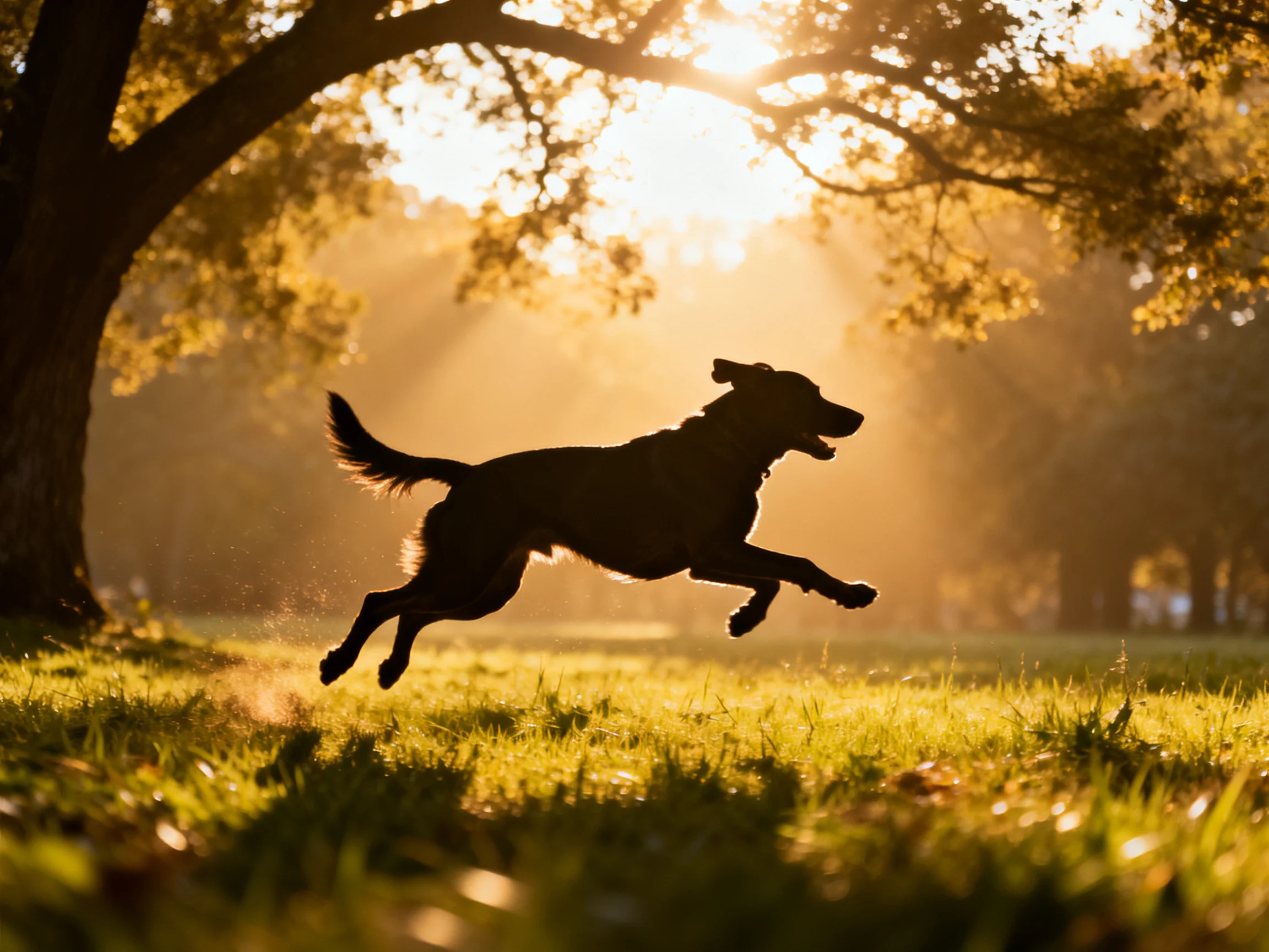 A black dog leaps through golden sunlight in a sun-drenched park