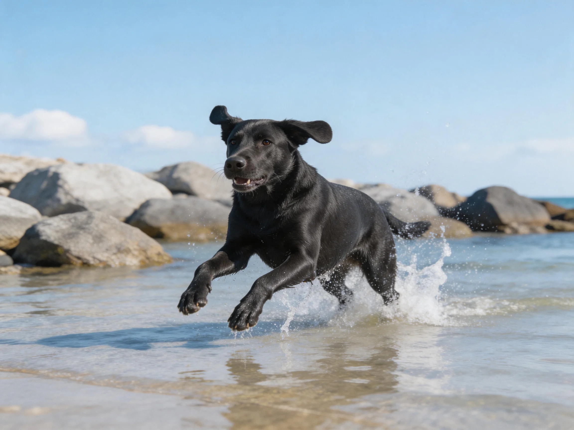 A black dog runs energetically through shallow ocean water by rocky shores.