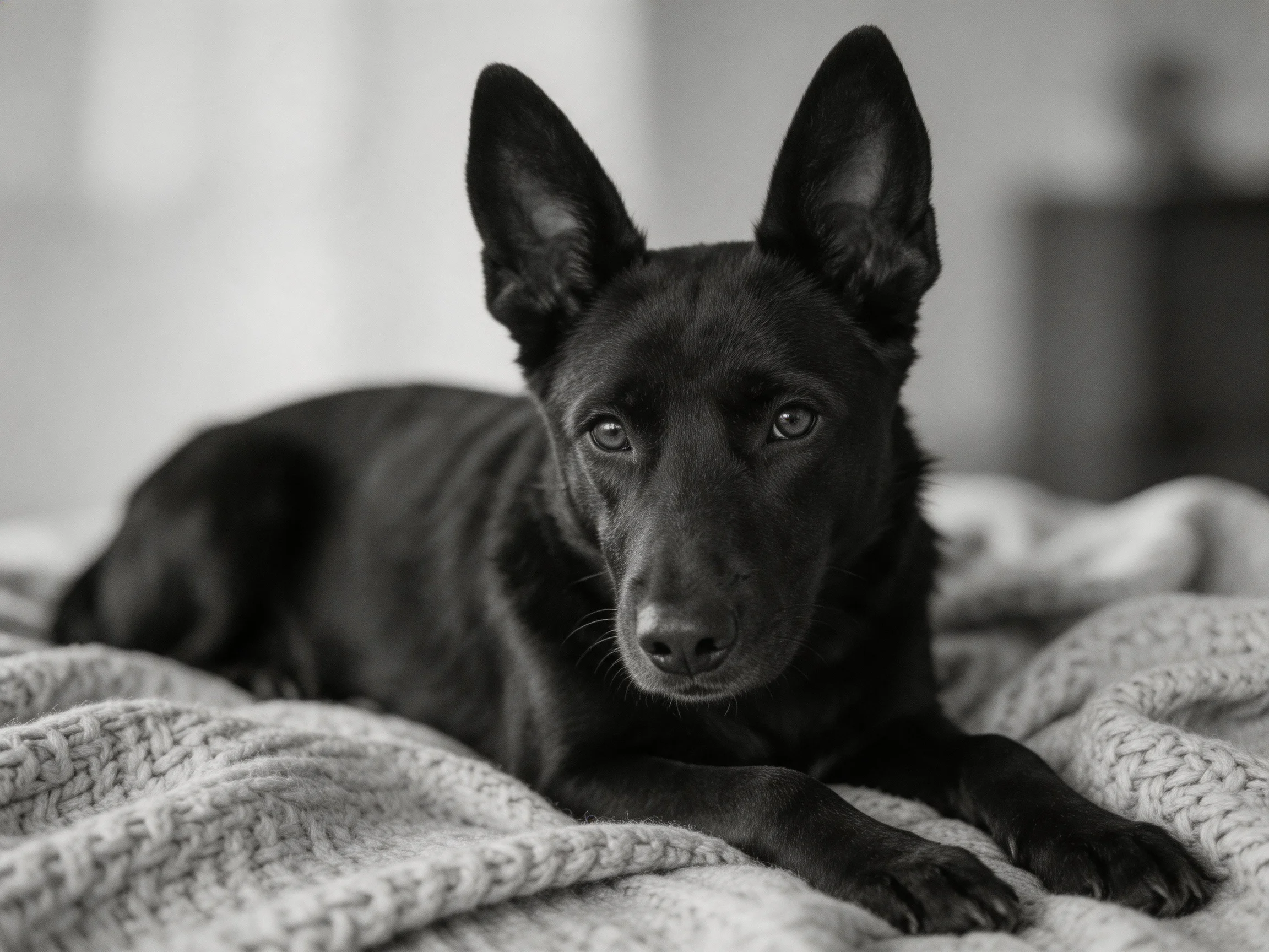 A black dog rests on a knitted blanket in an indoor setting.