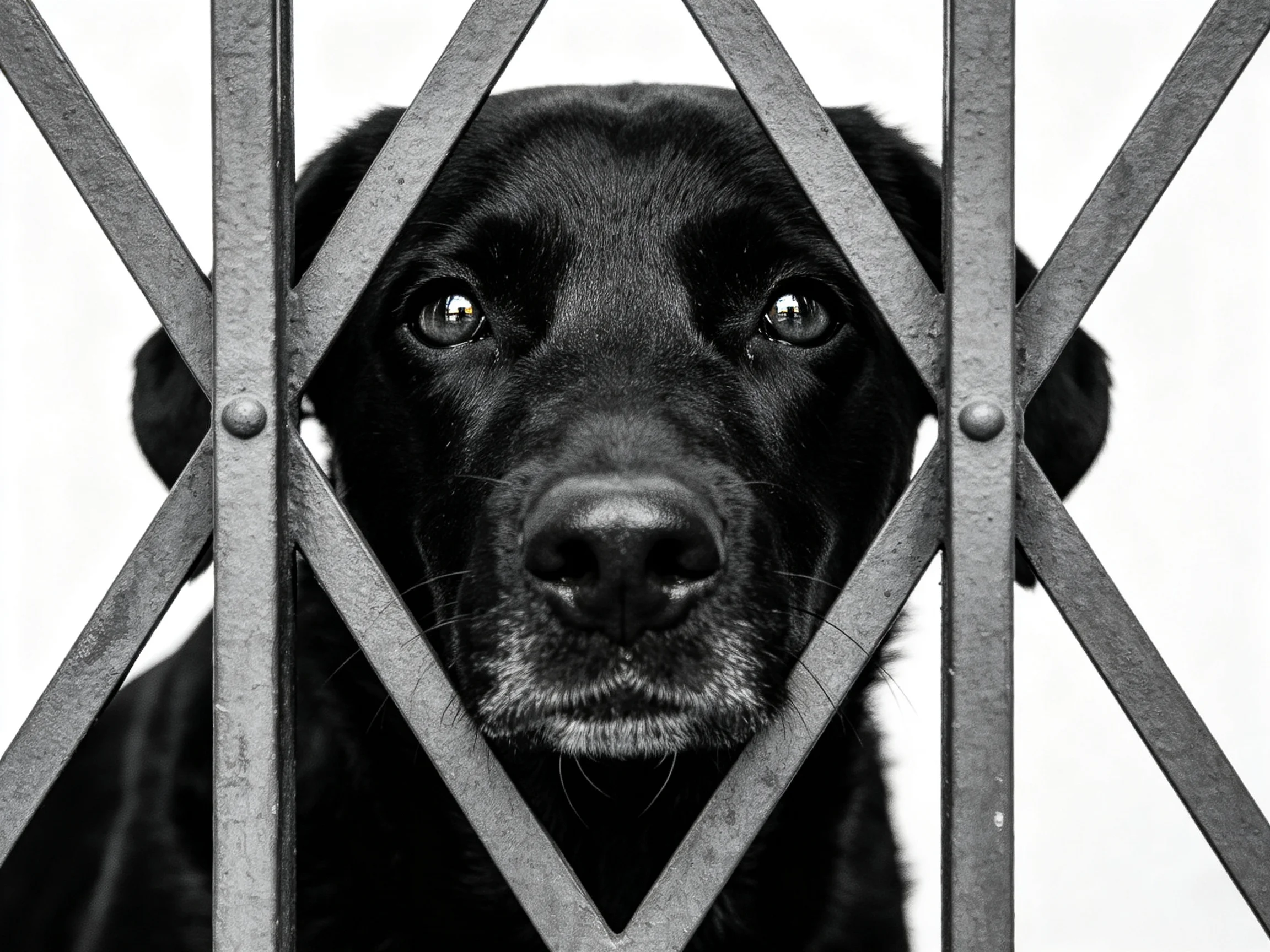 A black dog looks through a diamond-patterned metal fence