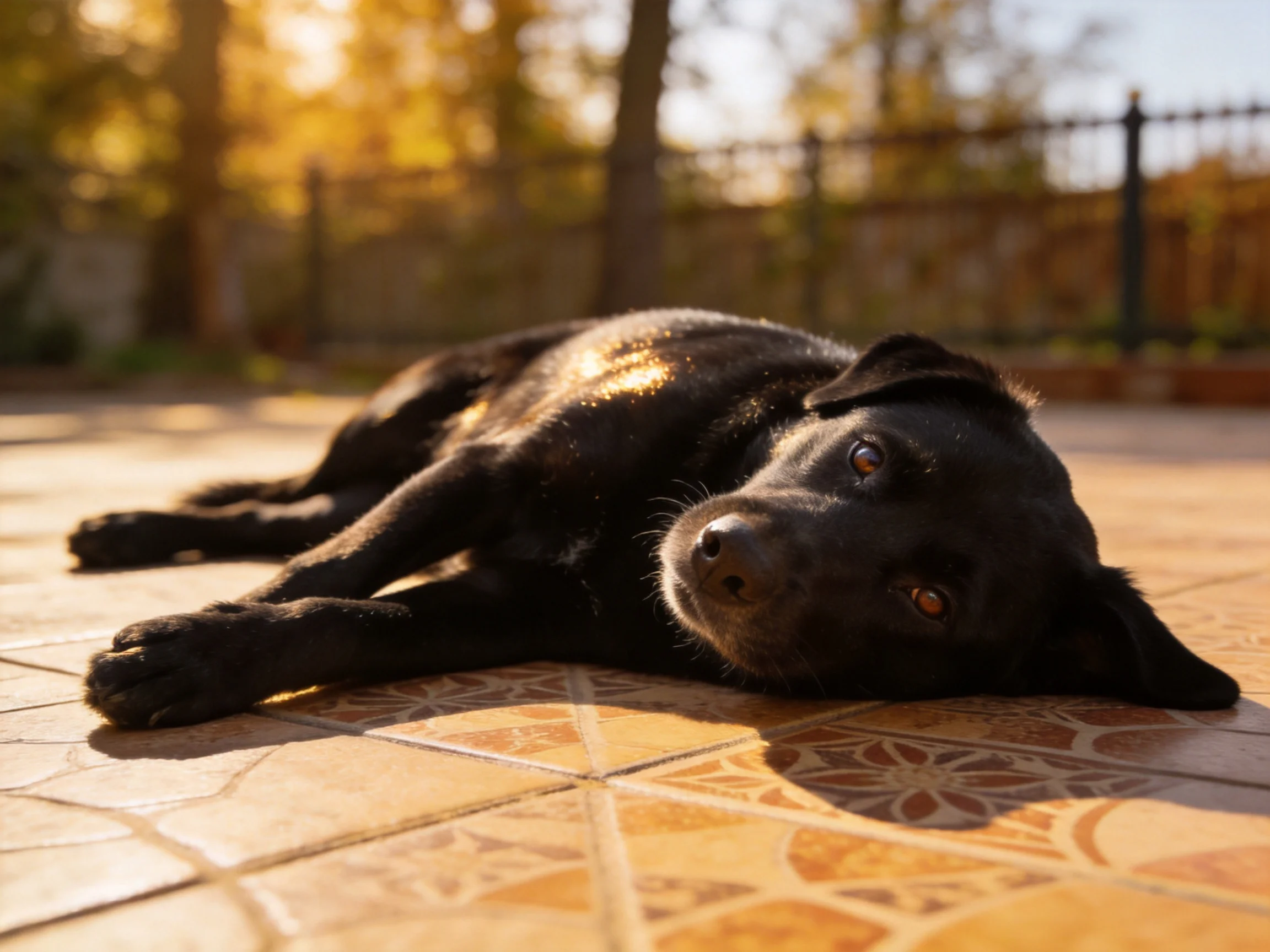 A black dog relaxes on a tiled patio in bright sunlight.