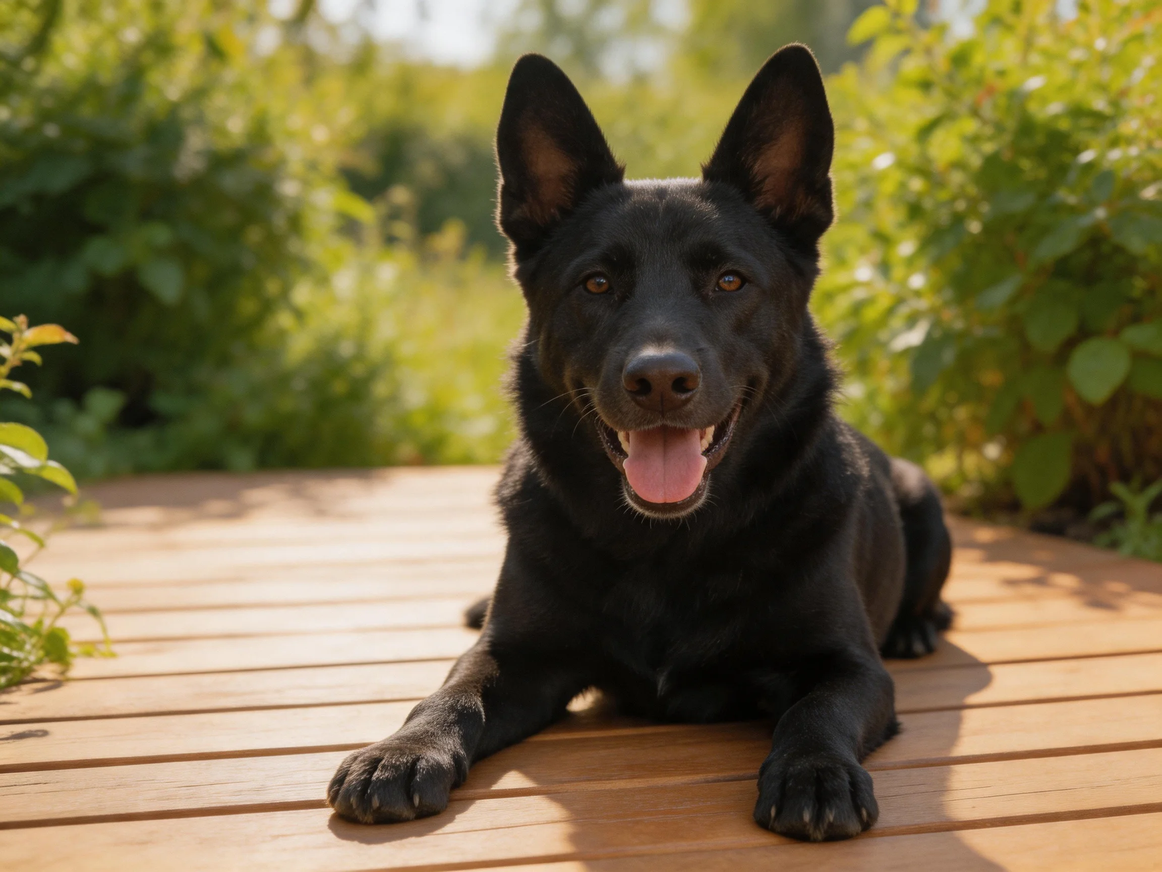 A black dog lounges on a wooden deck amid lush greenery