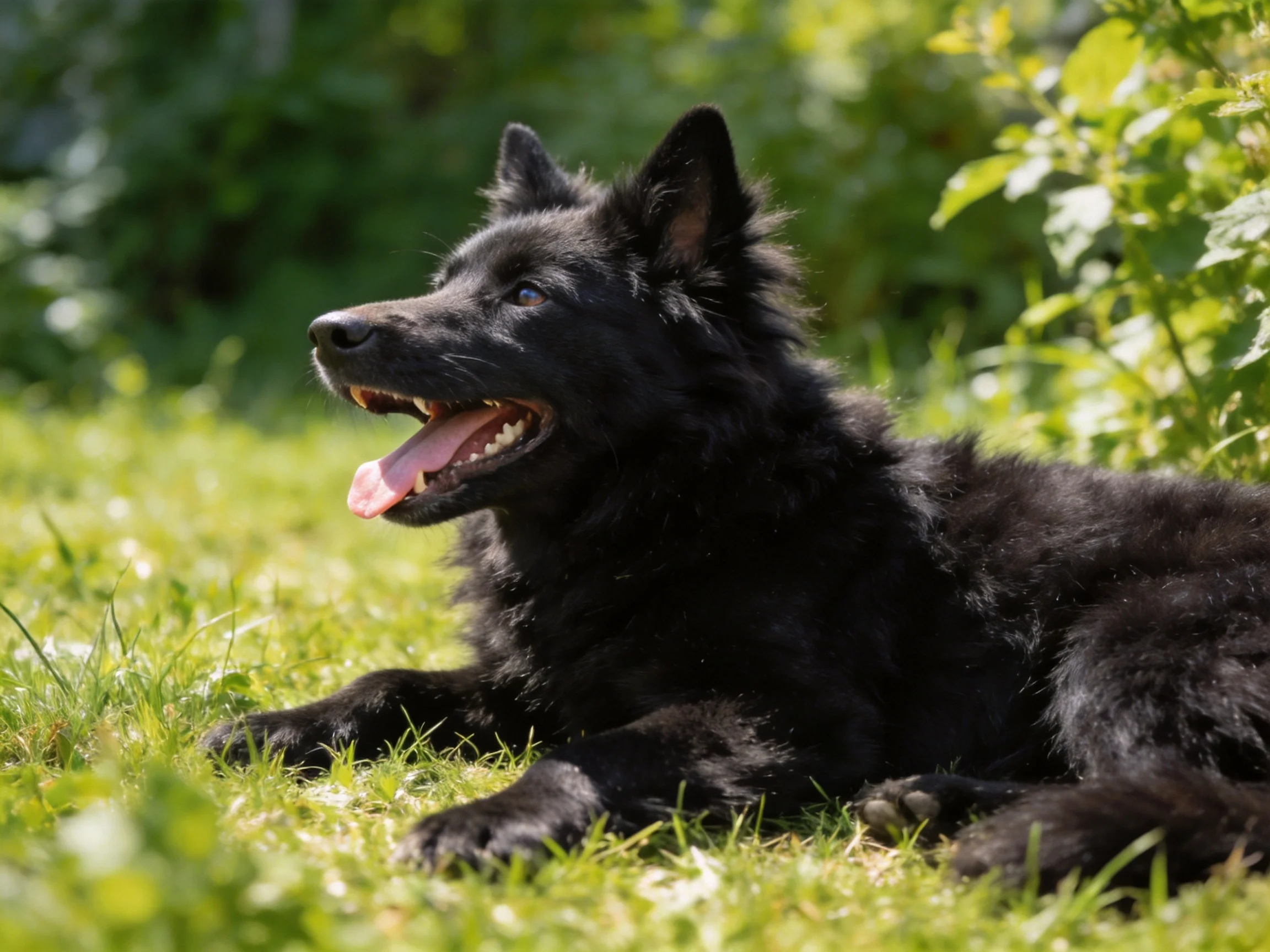 A black dog lounges on sun-dappled green grass