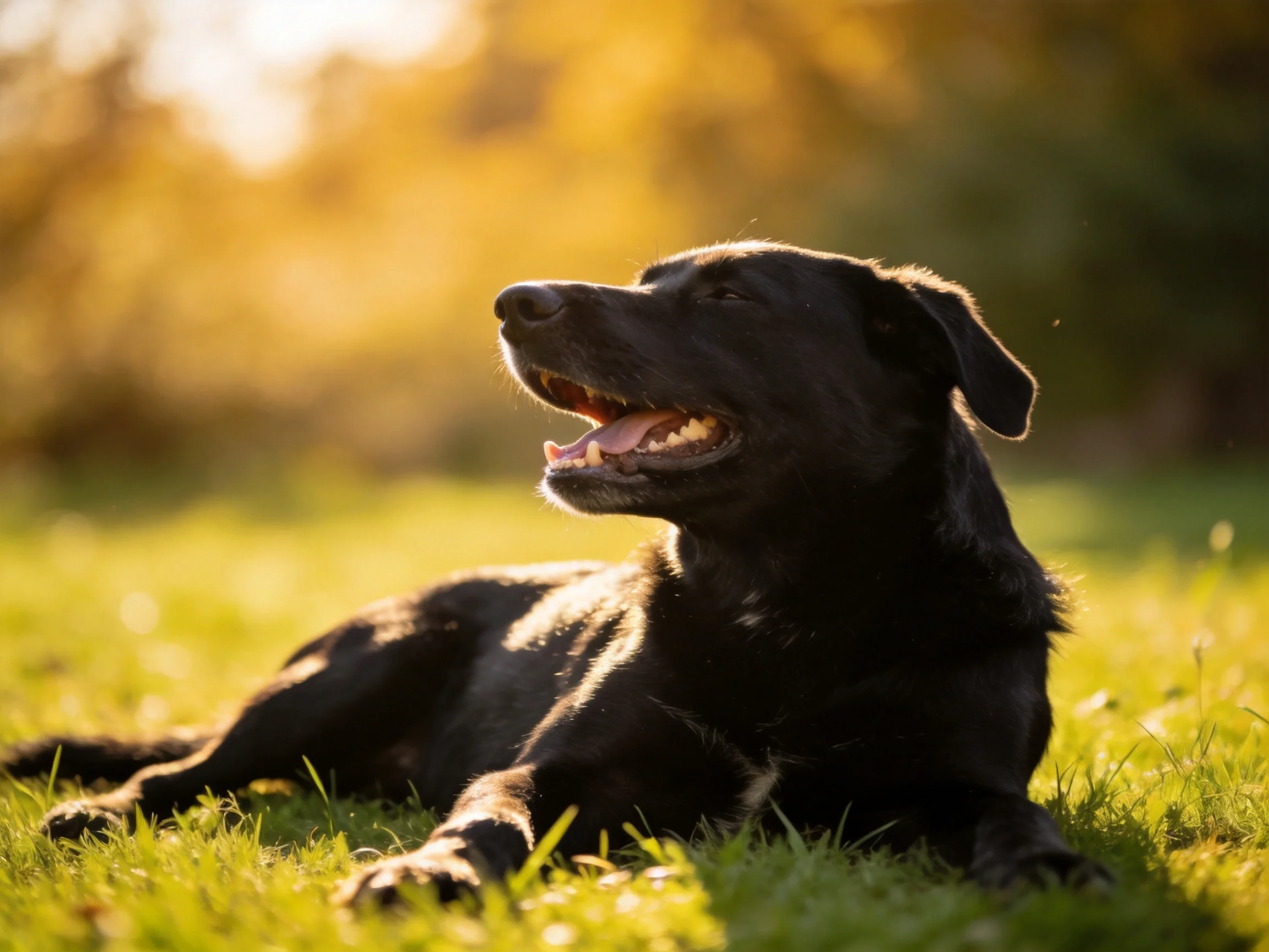 A black dog lounges on sun-drenched green grass with golden sunlight
