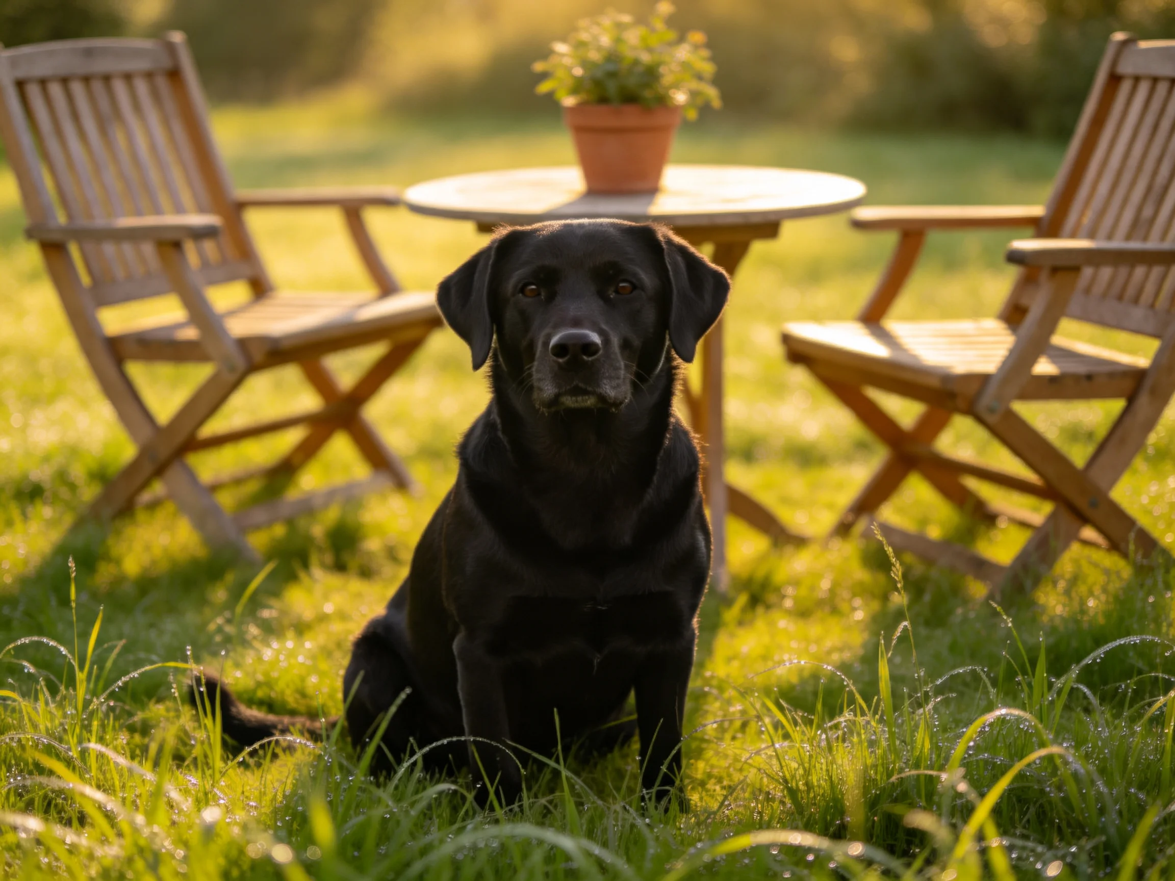 A black dog sits near wooden furniture and greenery in a sunlit garden.