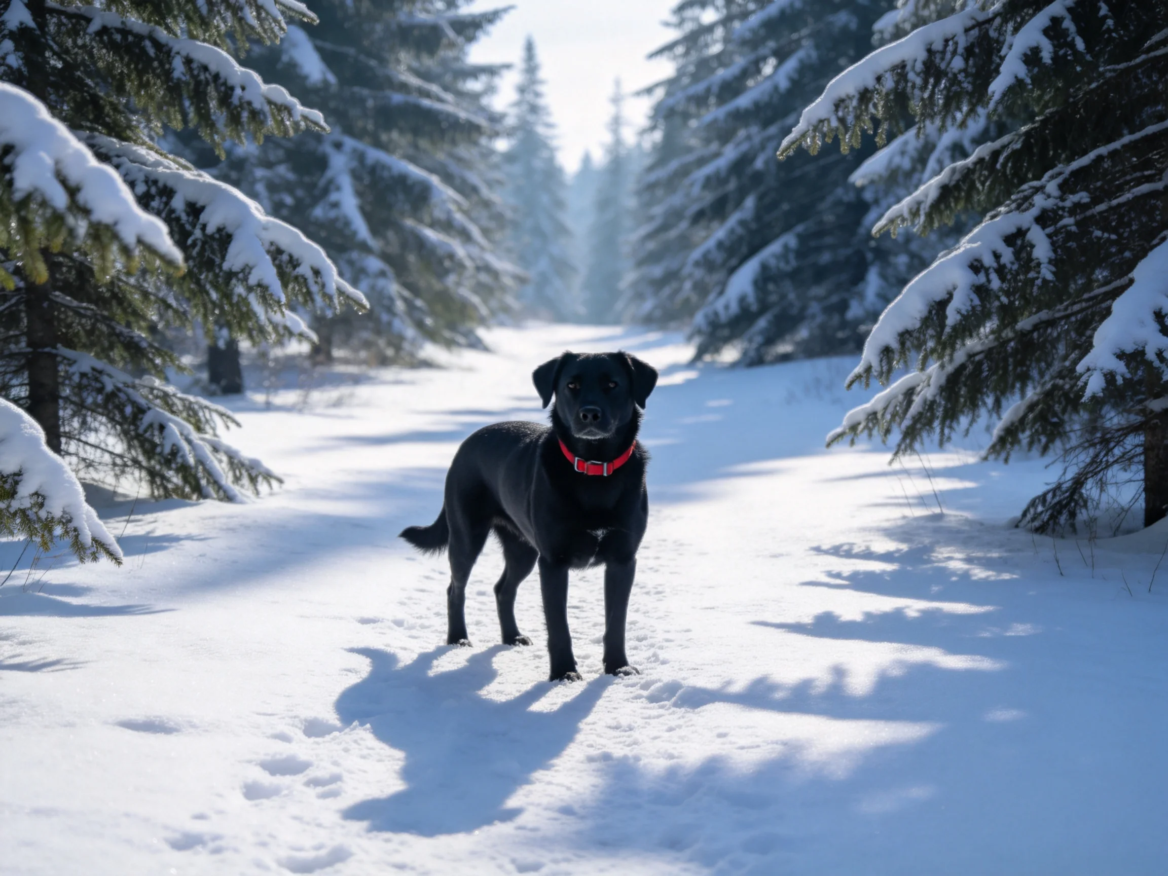 A black dog on a snowy forest path with evergreen trees