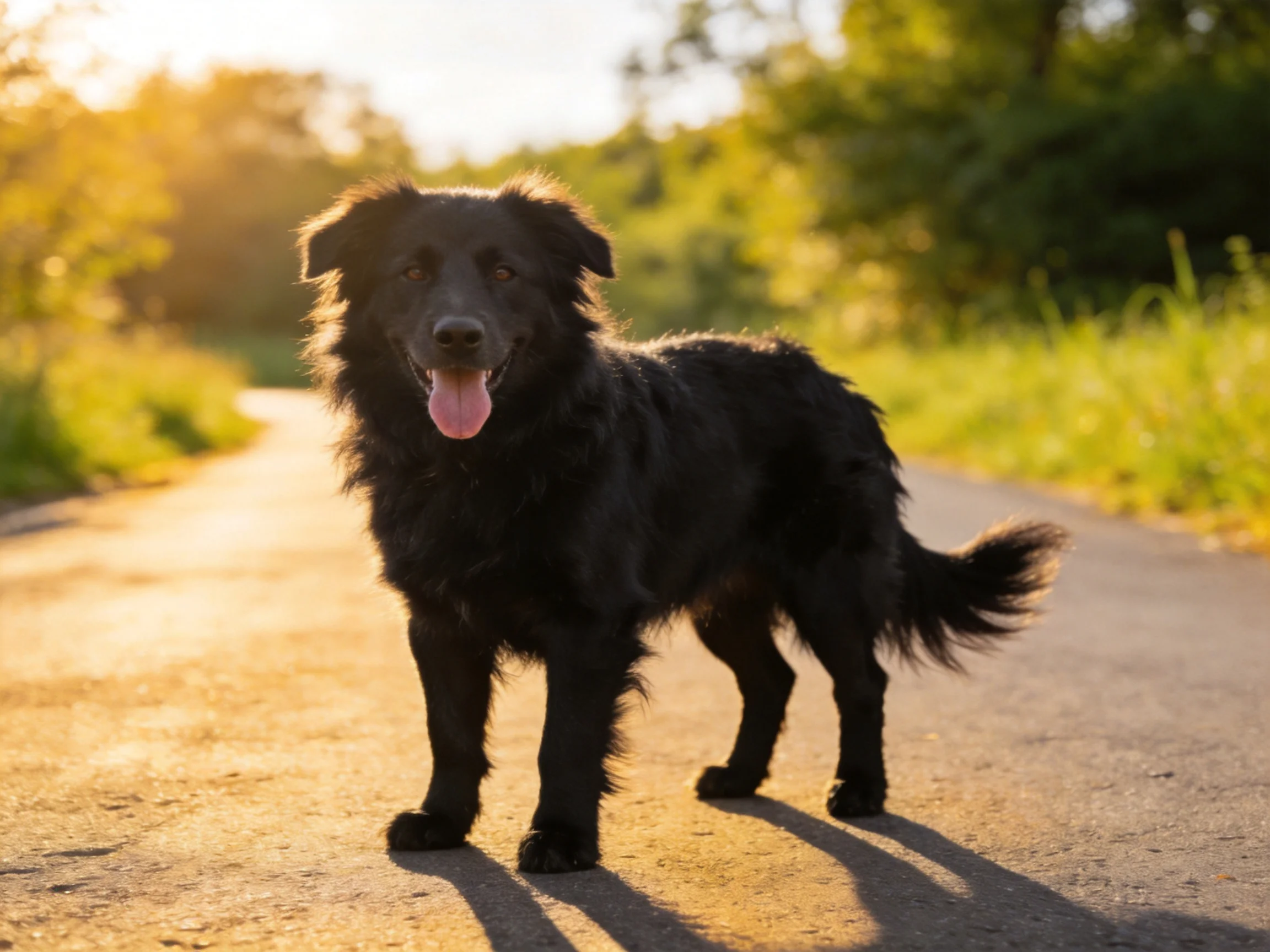 A black dog stands on a sunlit road near lush greenery