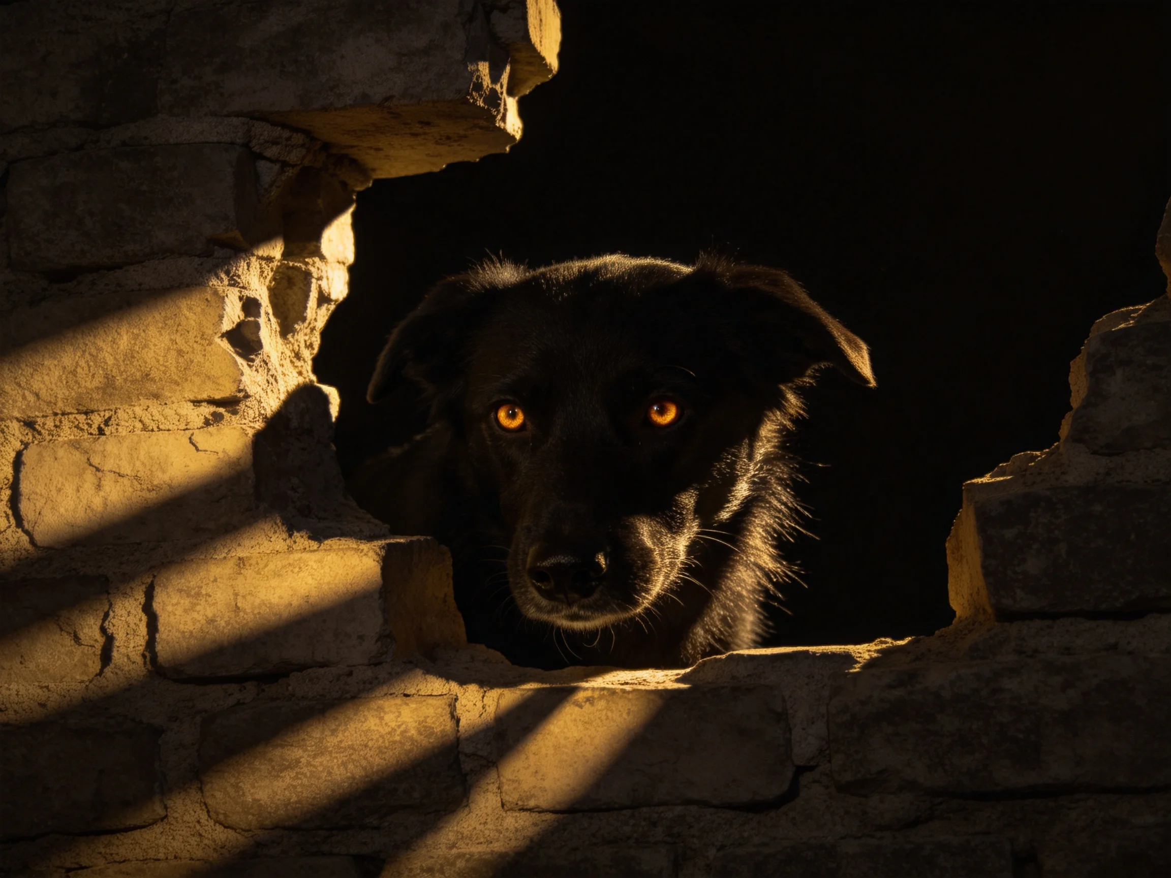 A black dog peers from a weathered stone opening under golden light