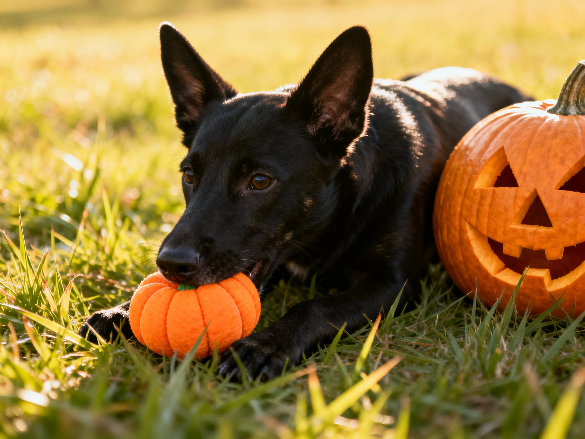 A black dog holds an orange pumpkin toy close to a carved jack - o’ - lantern on grass.