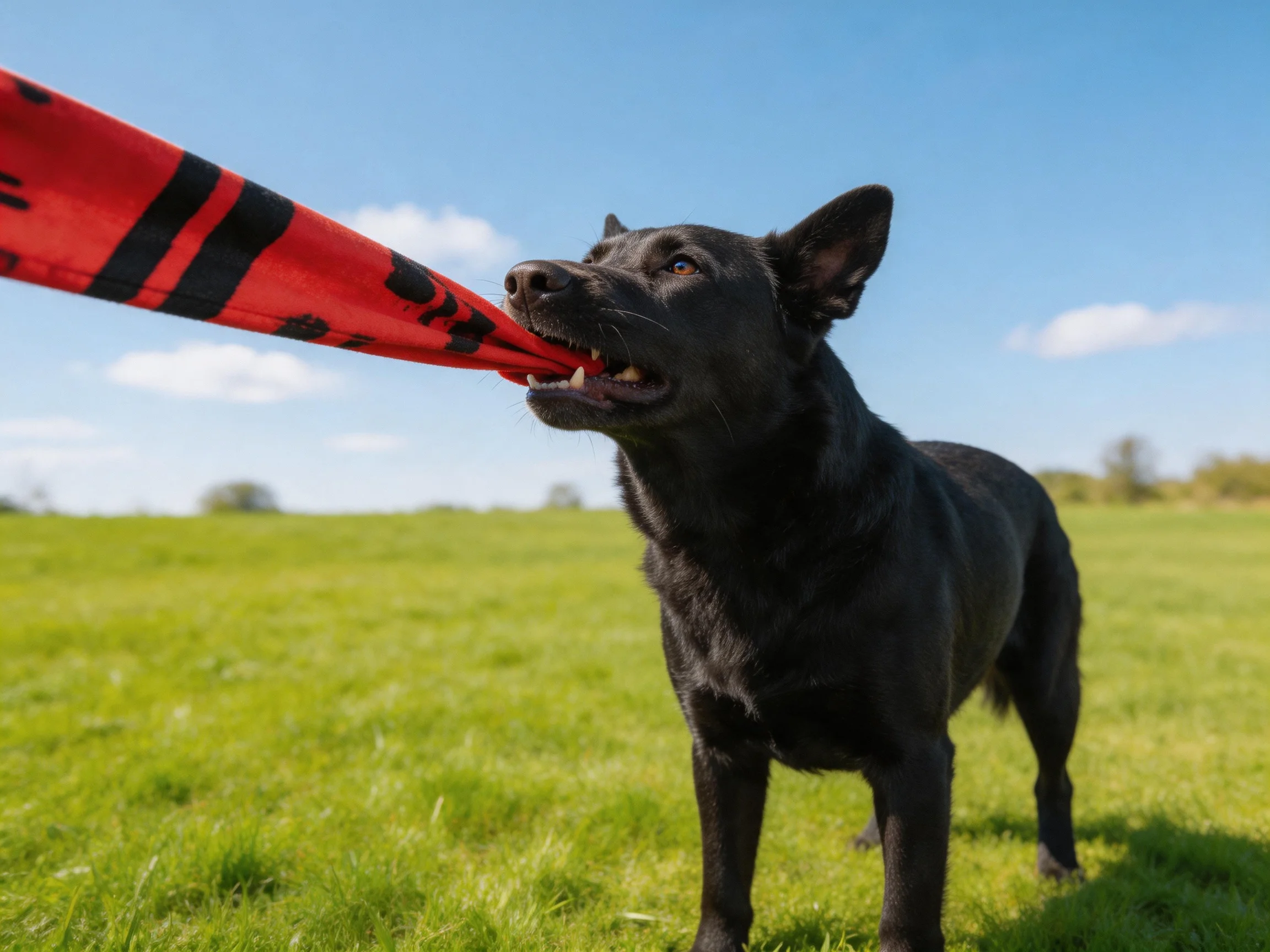 A black dog pulling a red and black striped cloth in a sunny meadow