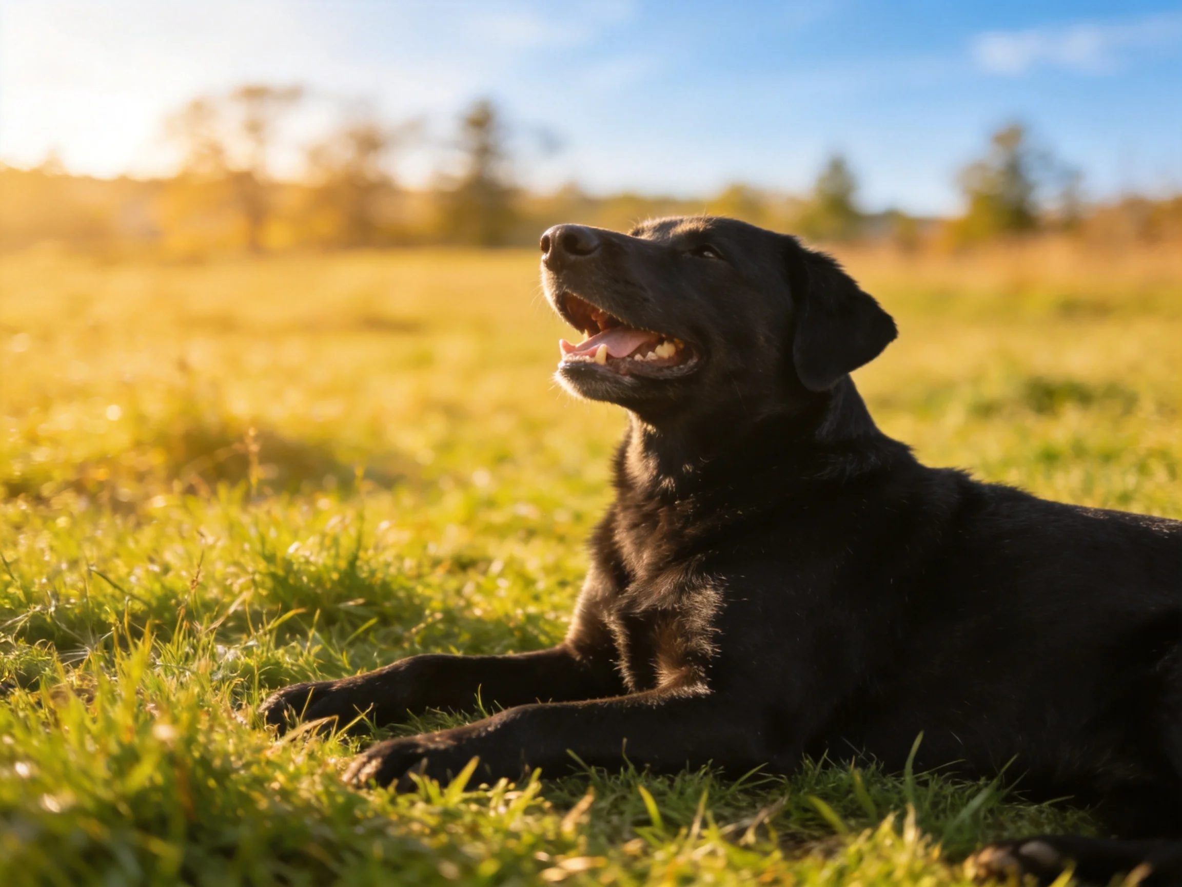 A black dog relaxes in a sunlit grassy meadow