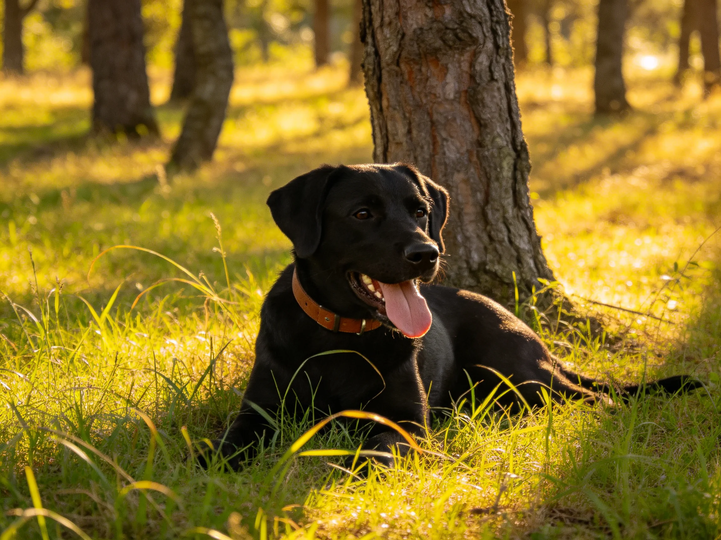 A black dog relaxes in sun-kissed forest grass near a tree