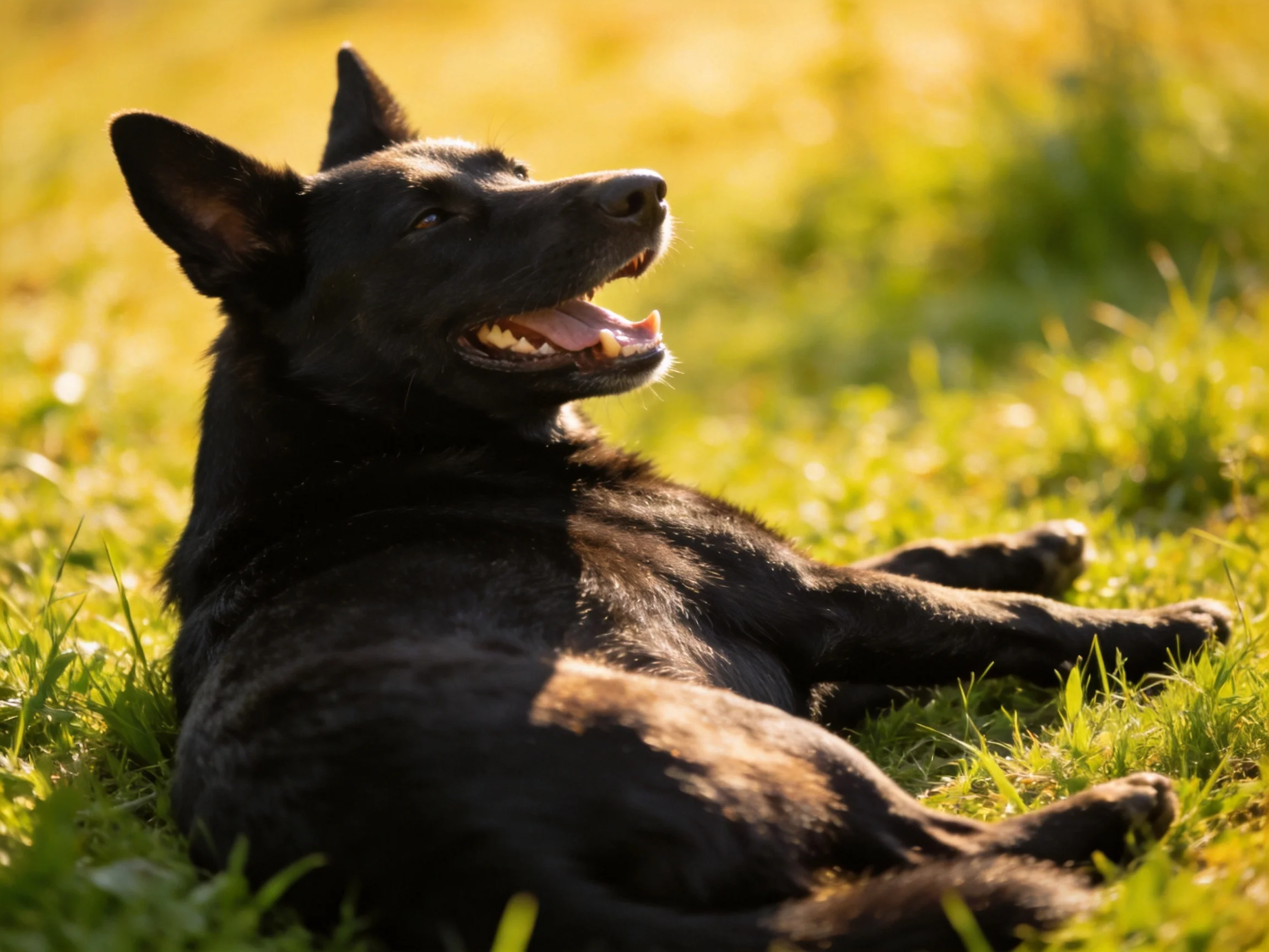 A black dog relaxes on sun-drenched green grass with ears perked