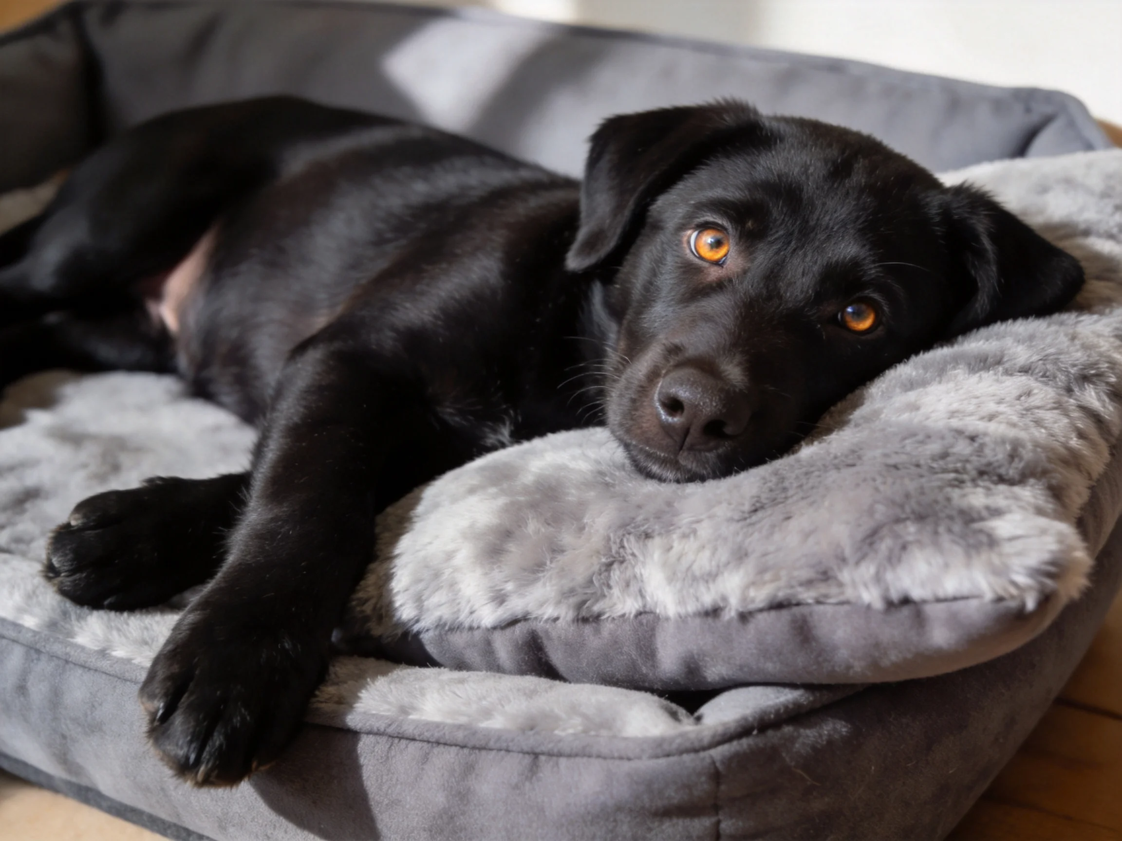 A black dog resting on a gray pet bed with fluffy pillows