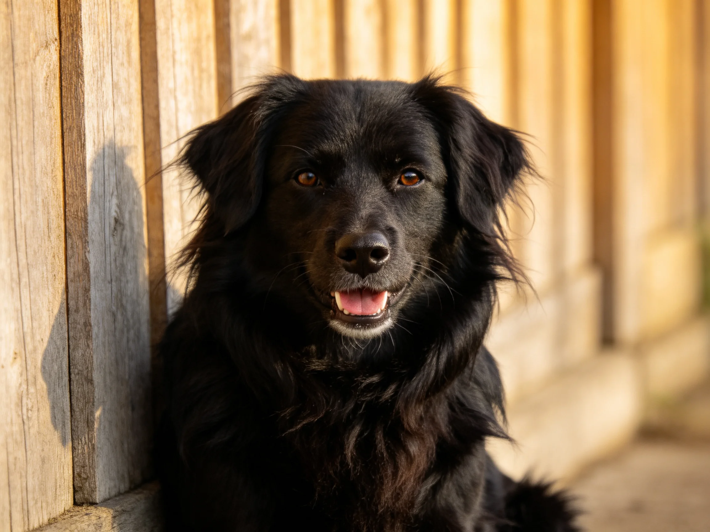 A black dog rests against an aged wooden fence in soft sunlight
