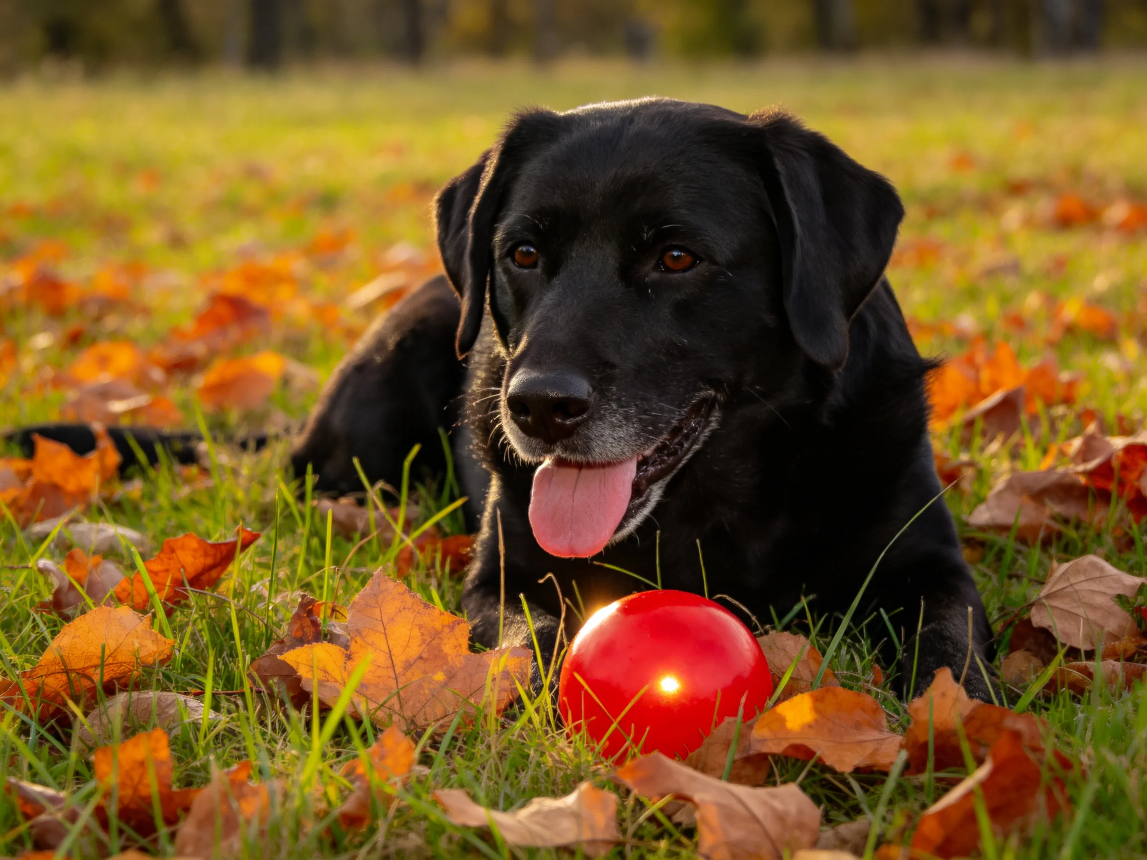 A black dog lies among autumn leaves beside a red ball outdoors.