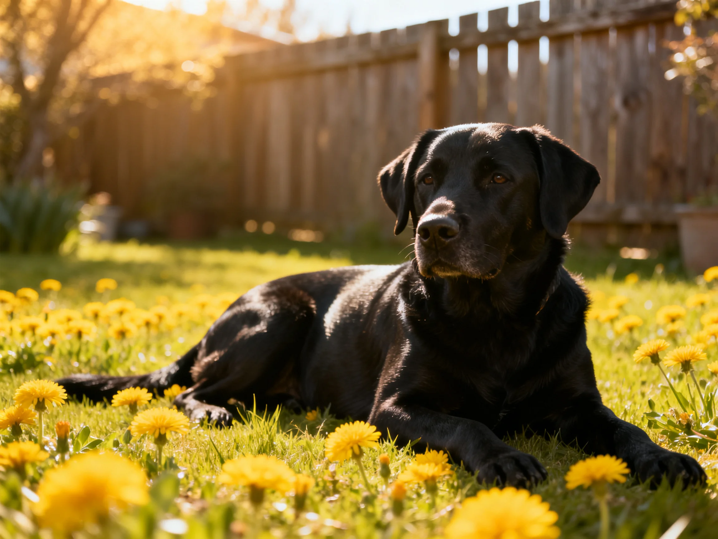 A black dog relaxes in a sunlit yard with yellow flowers.