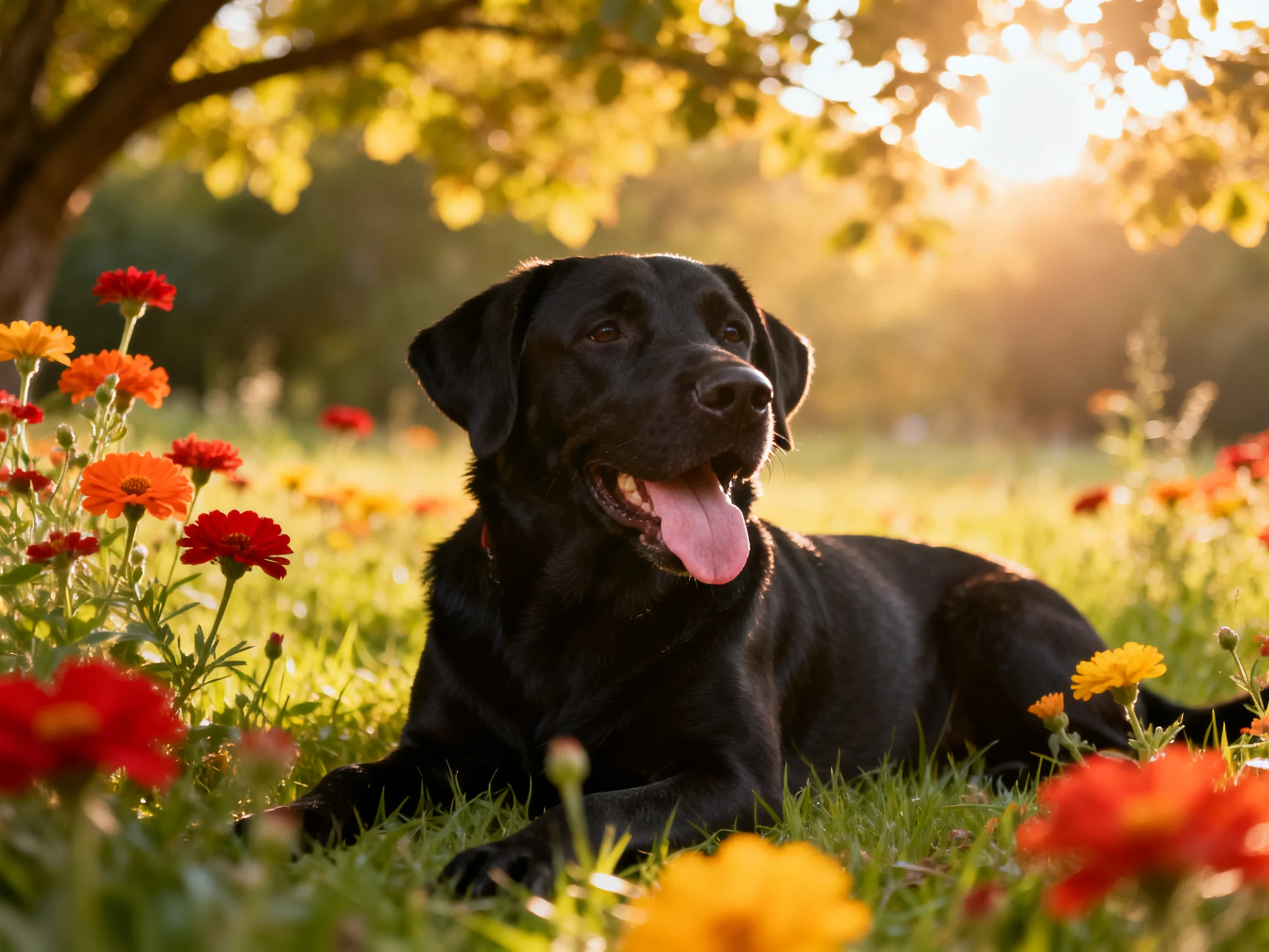 A black dog relaxes among colorful flowers in a sunlit outdoor setting.