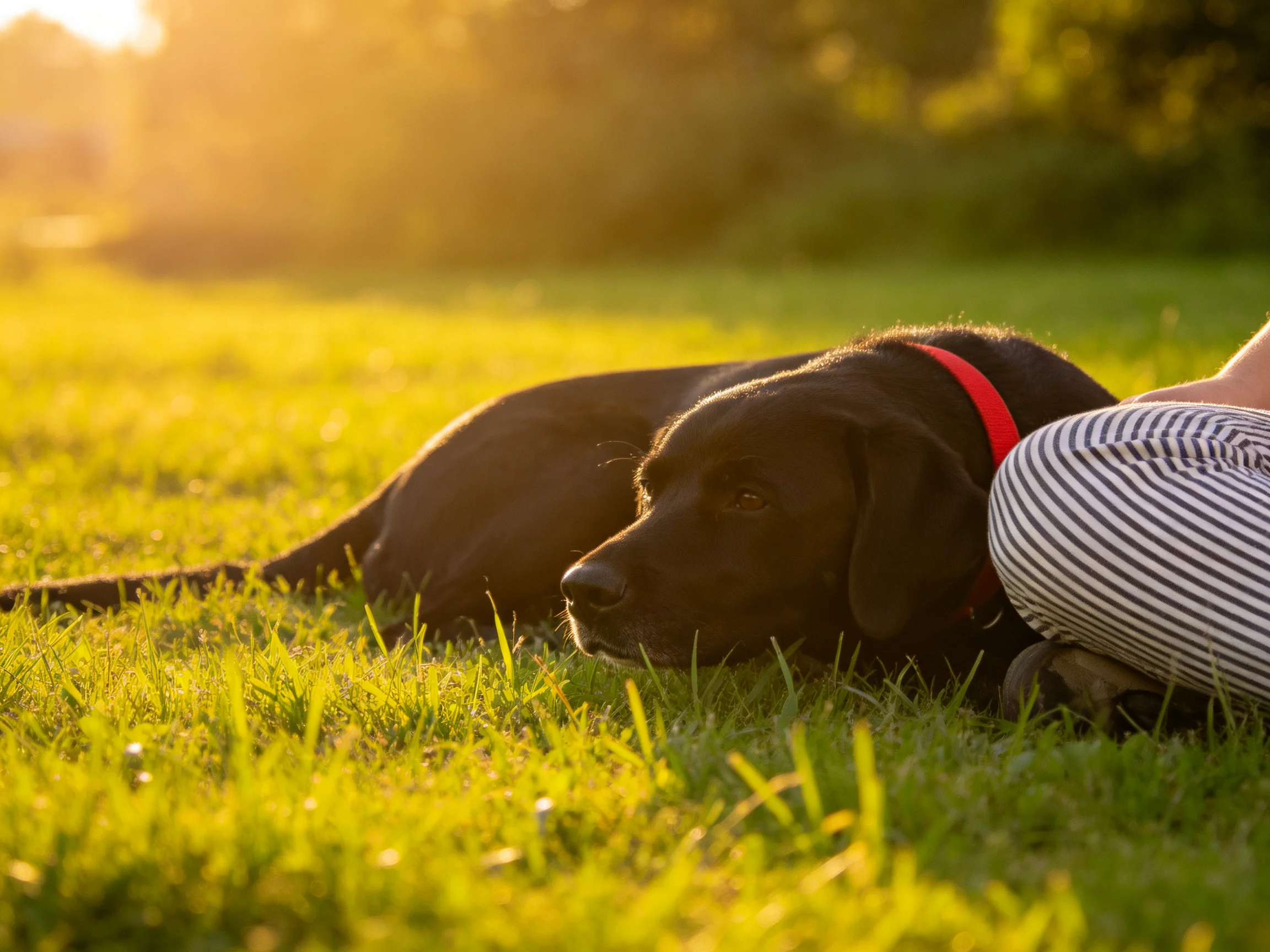 A black dog rests near a person in striped pants on sun-d drenched grass.
