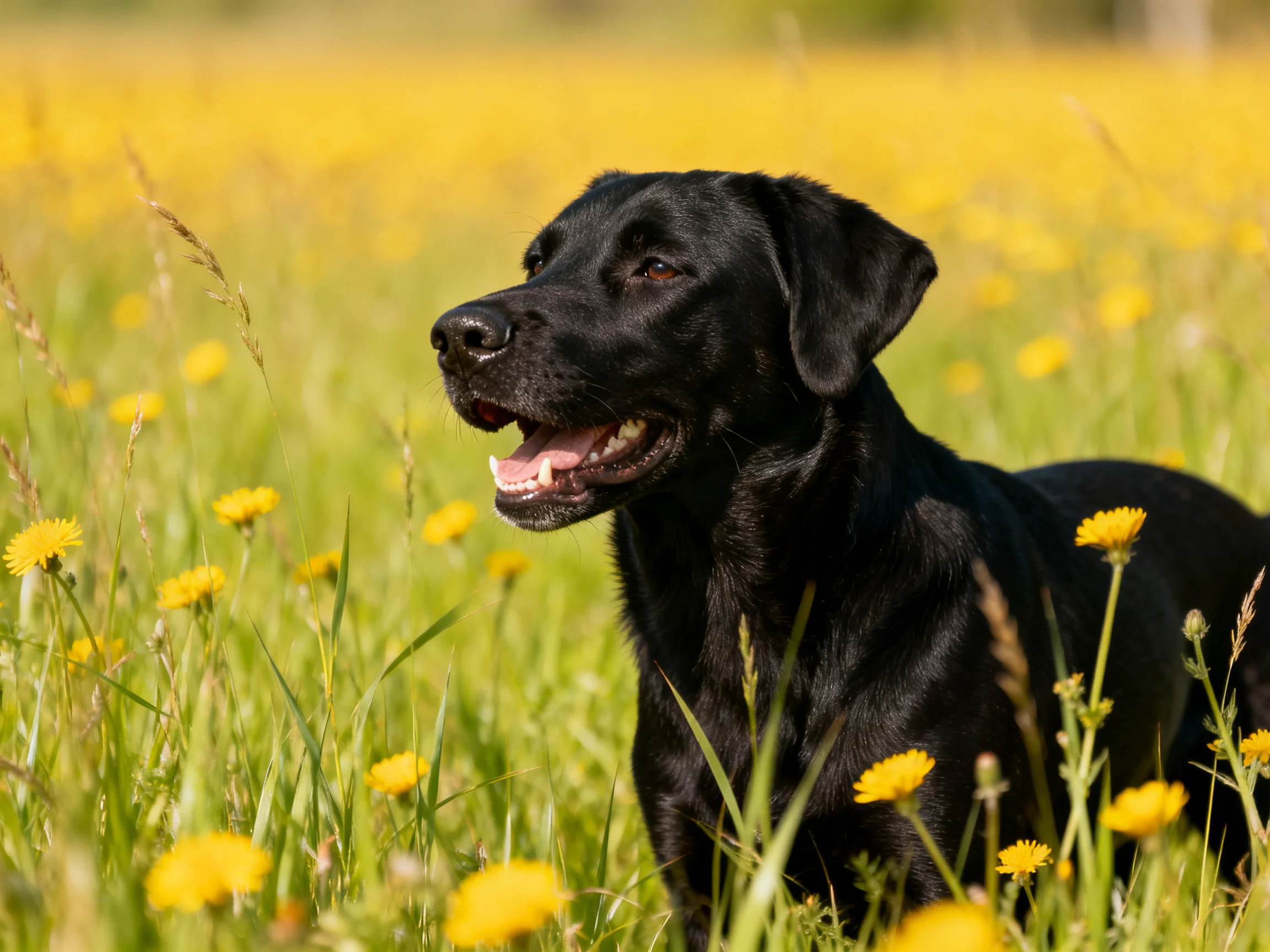 A black dog sits among yellow wildflowers in a sunny meadow.