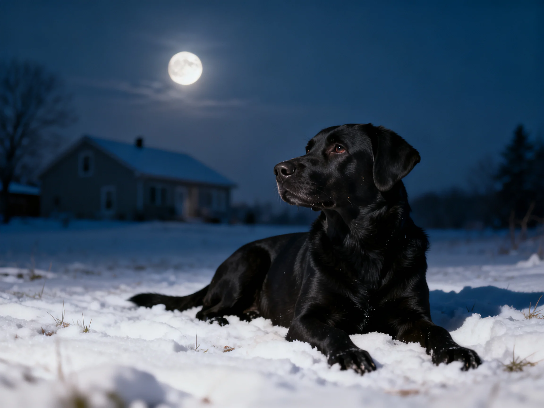 A black dog rests in a snowy field beneath a bright moon