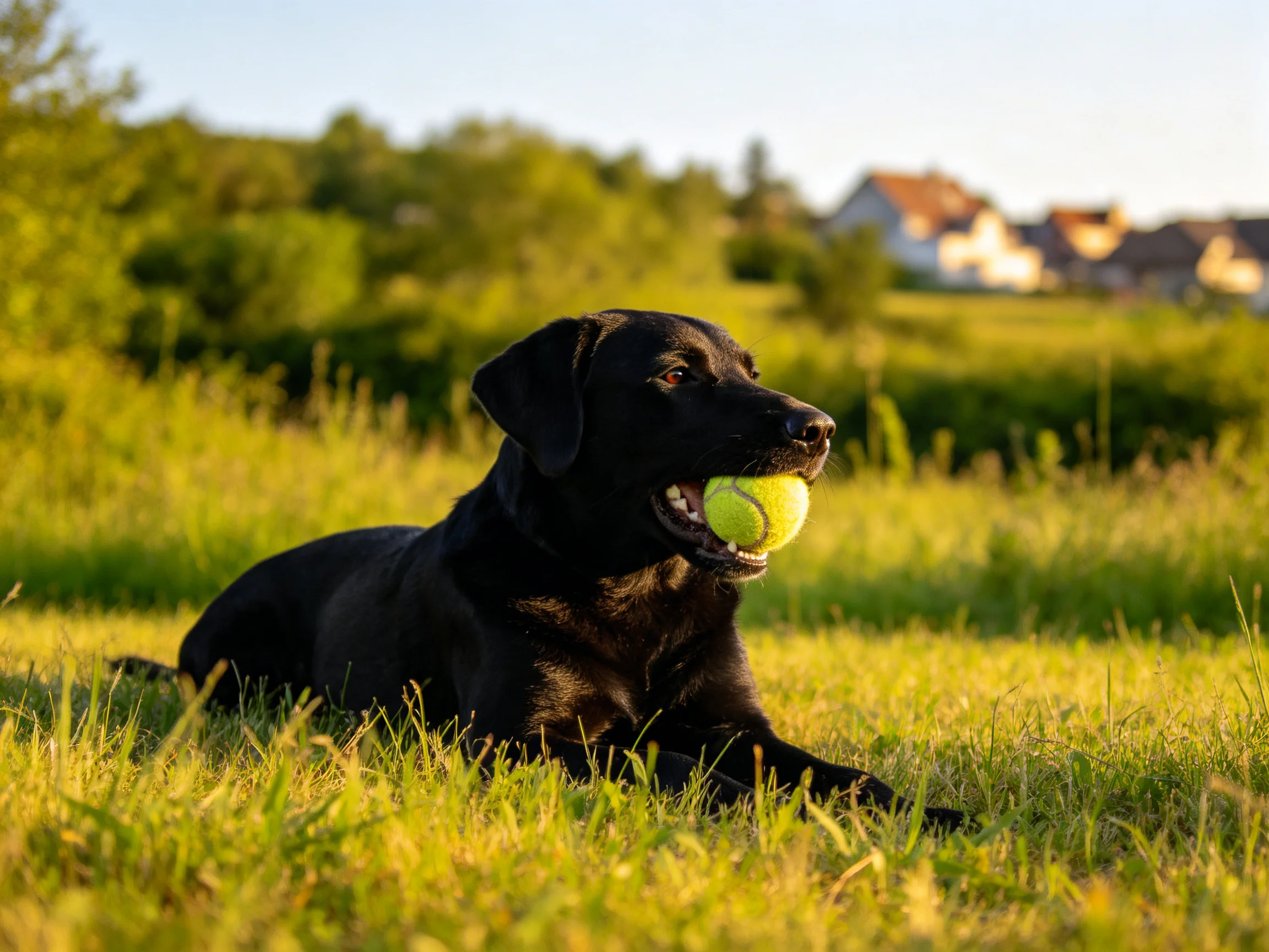 A black dog holds a tennis ball in a sunlit grassy field.