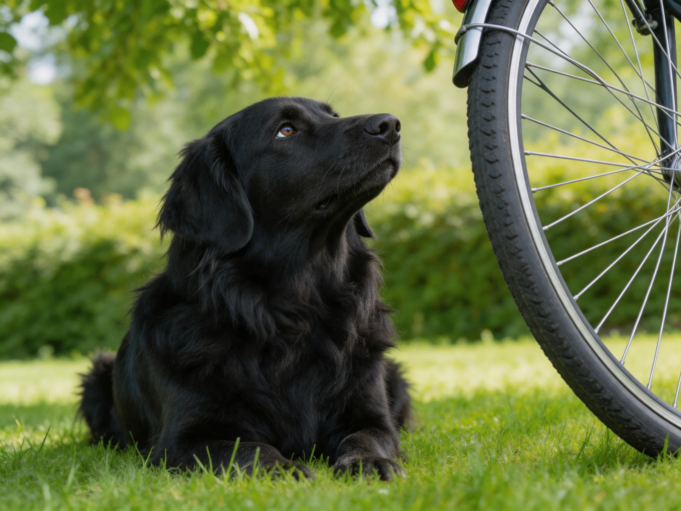 A black dog rests near a bicycle tire on lush green grass