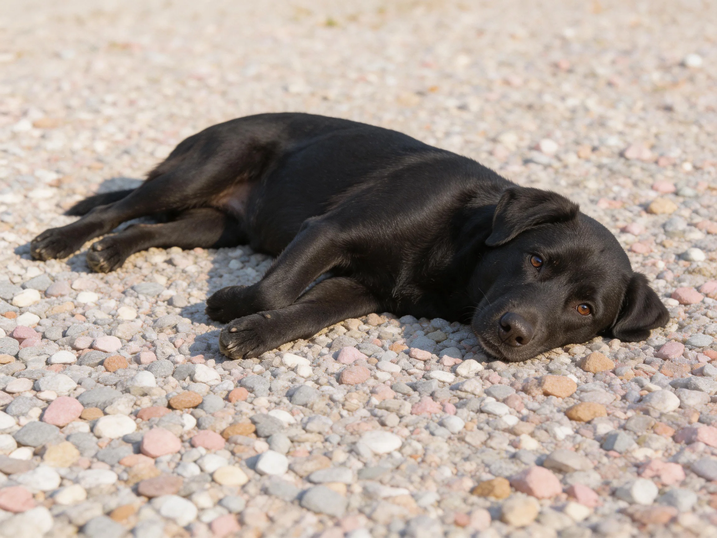 A black dog rests on a gravel path with multicolored stones